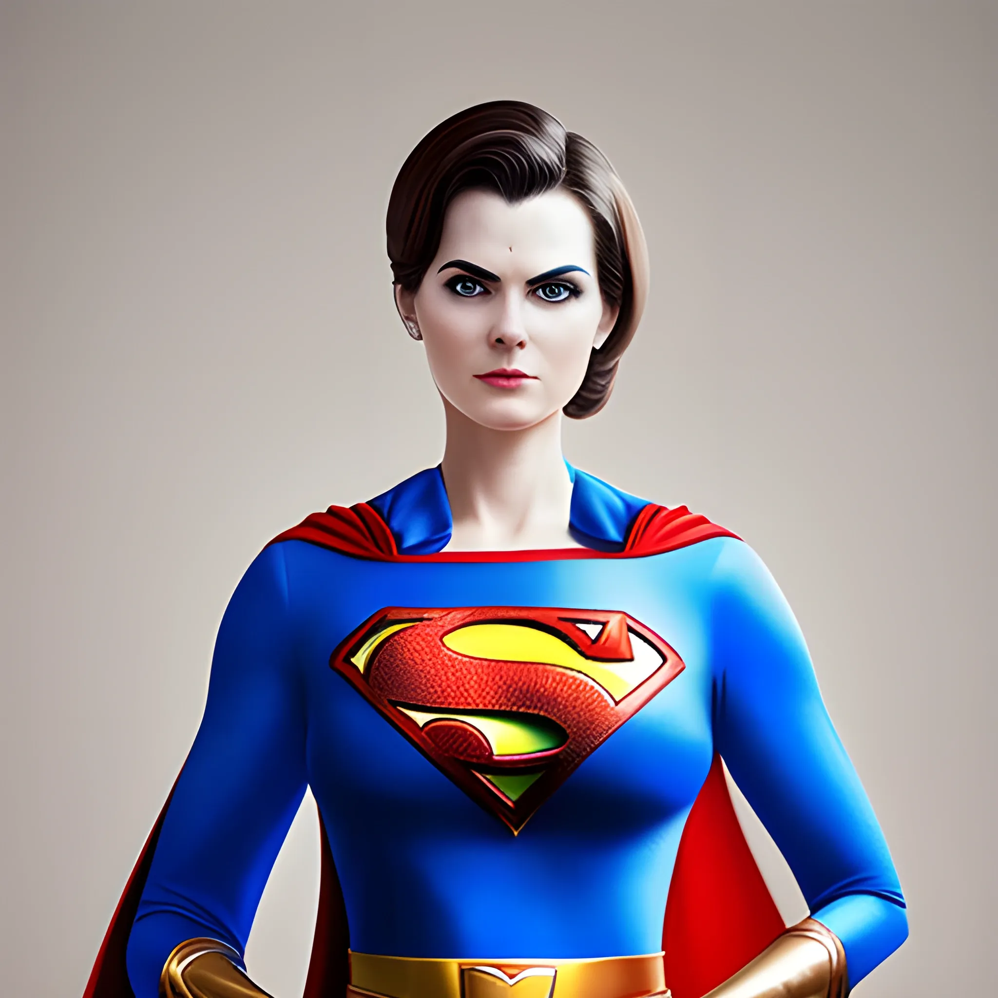 An elegant lady wearing a Superman costume, eye-catching detail, realistic ultra-detailed, Trippy