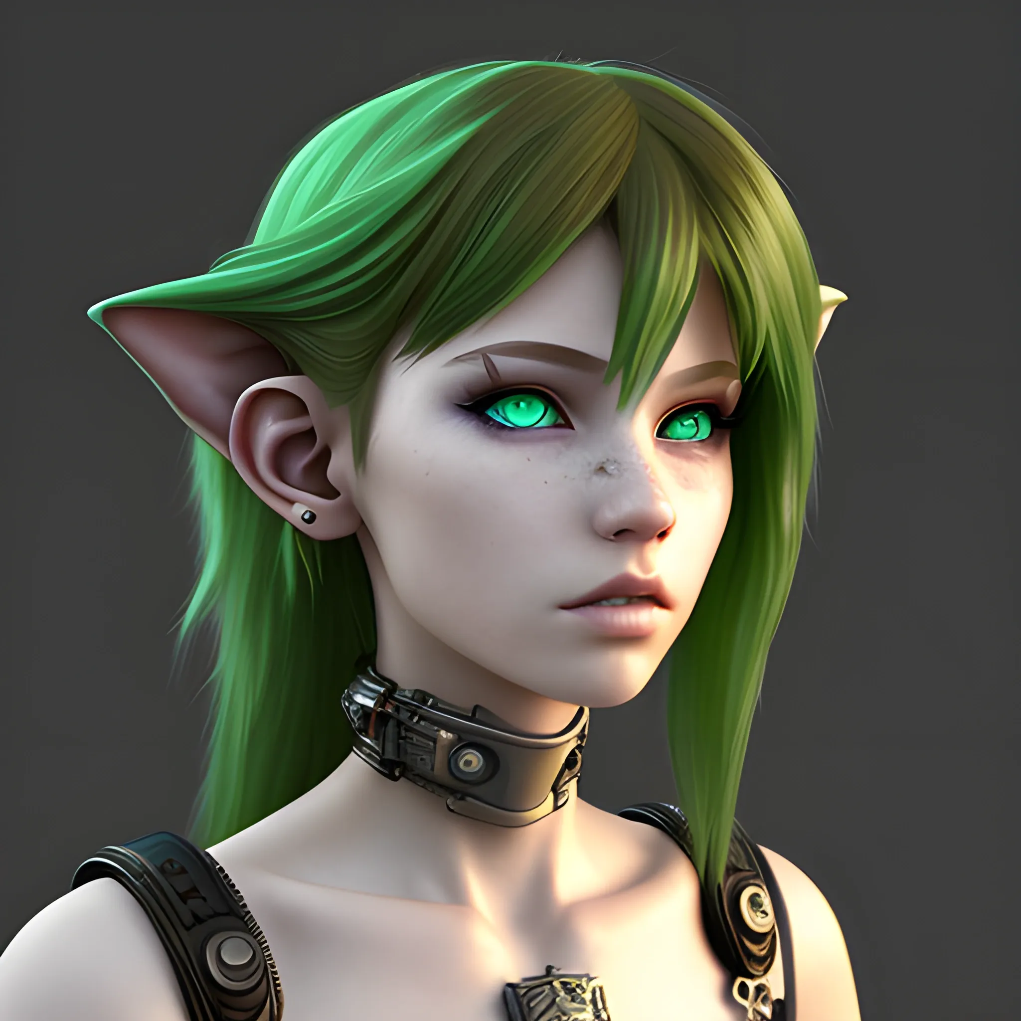 , 3D, Fantasy, cyberpunk, 18 year old, White, brown hair, green eyes, pointed ears
