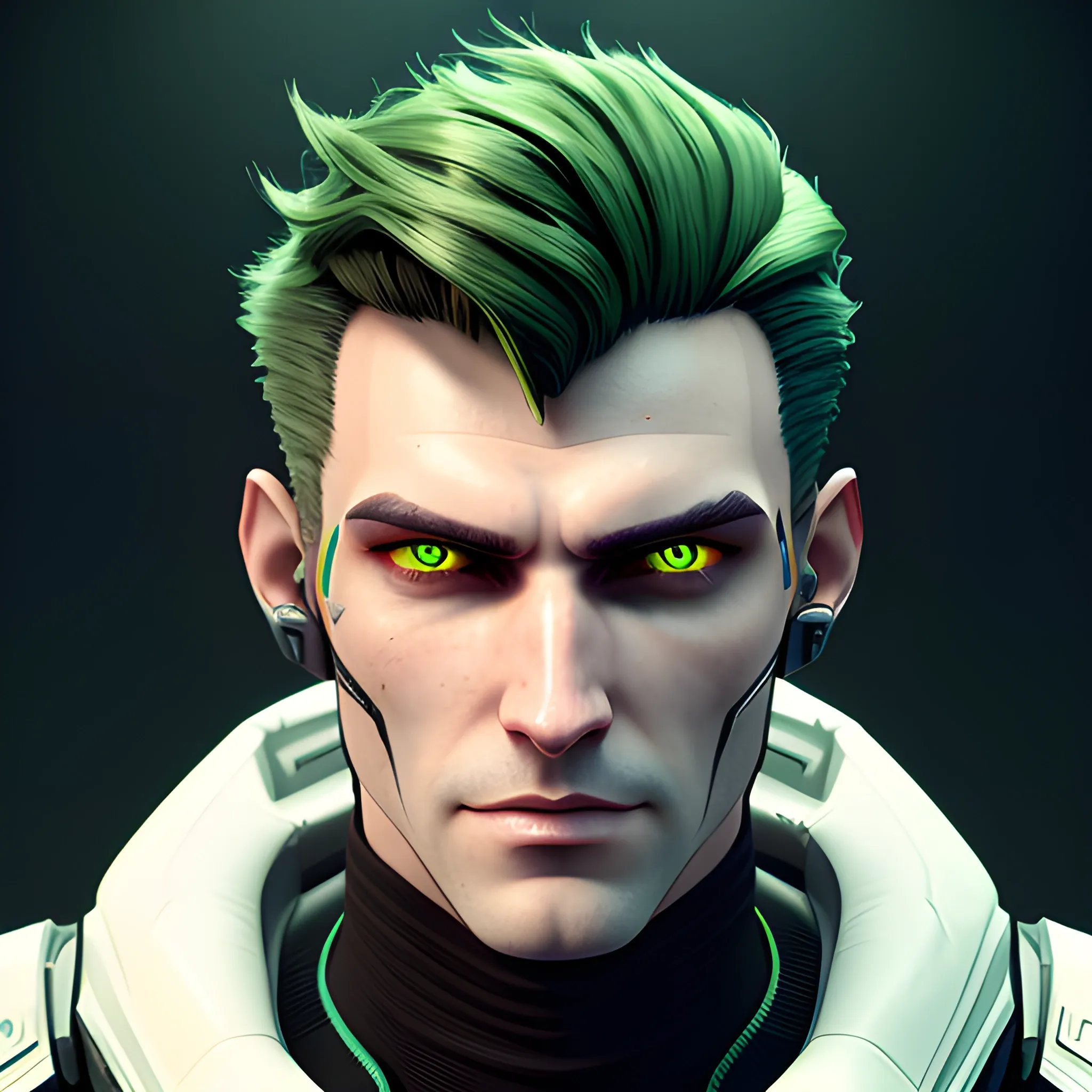 , 3D, Fantasy, cyberpunk, 18 year old, White, brown hair, green eyes, pointy ears, boy 
