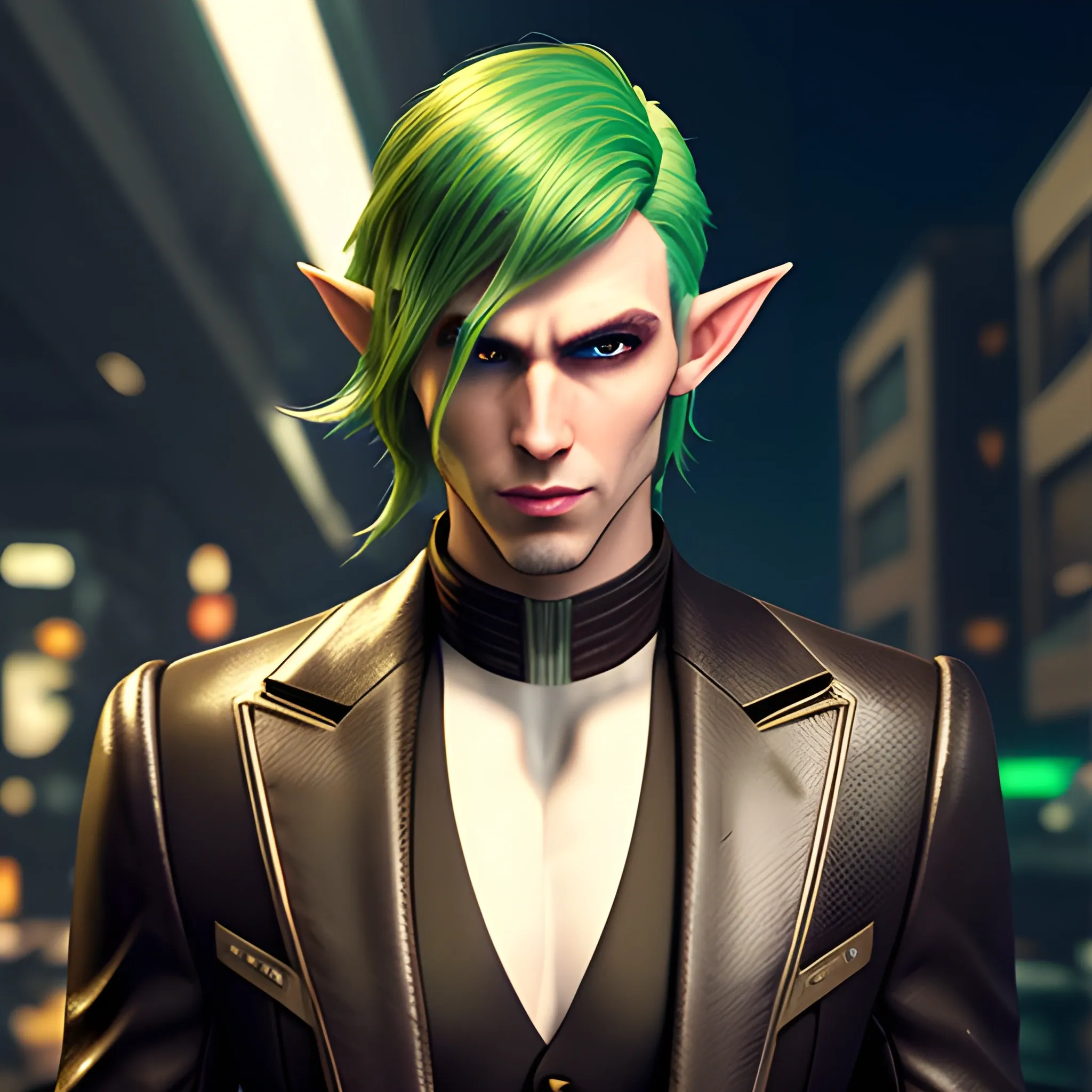 , 3D, Fantasy, cyberpunk, 18 year old, White, brown hair, green eyes, elf ears, boy, fancy suit
