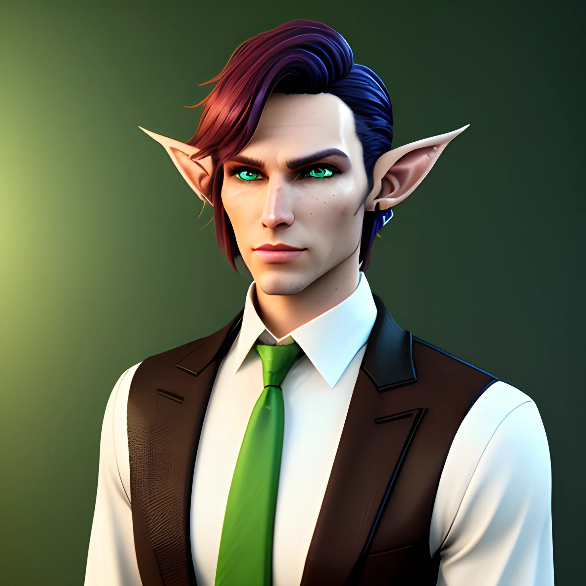 , 3D, Fantasy, cyberpunk, 18 year old, White, green eyes, elf ears, boy, fancy suit, brown hair
