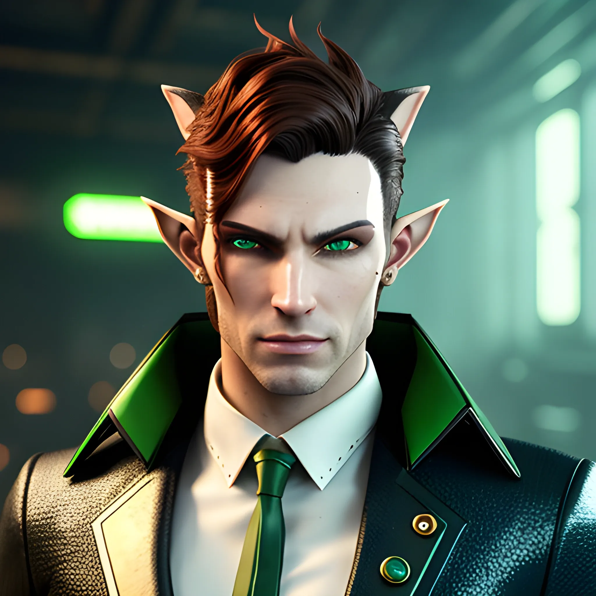 , 3D, Fantasy, cyberpunk, 18 year old, White, green eyes, elf ears, boy, fancy suit, brown hair
