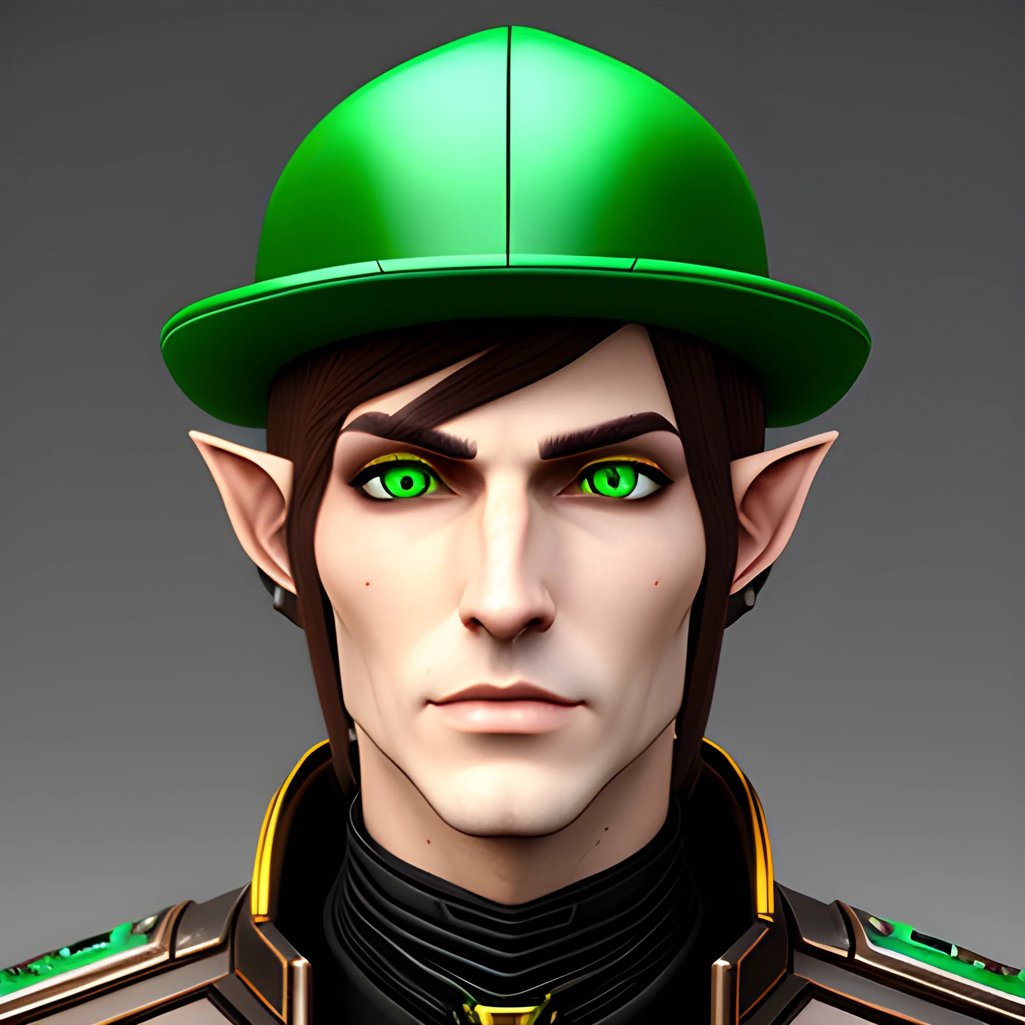 , 3D, Fantasy, cyberpunk, 18 year old, White, green eyes, elf ears, boy, fancy suit, brown hair, hat
