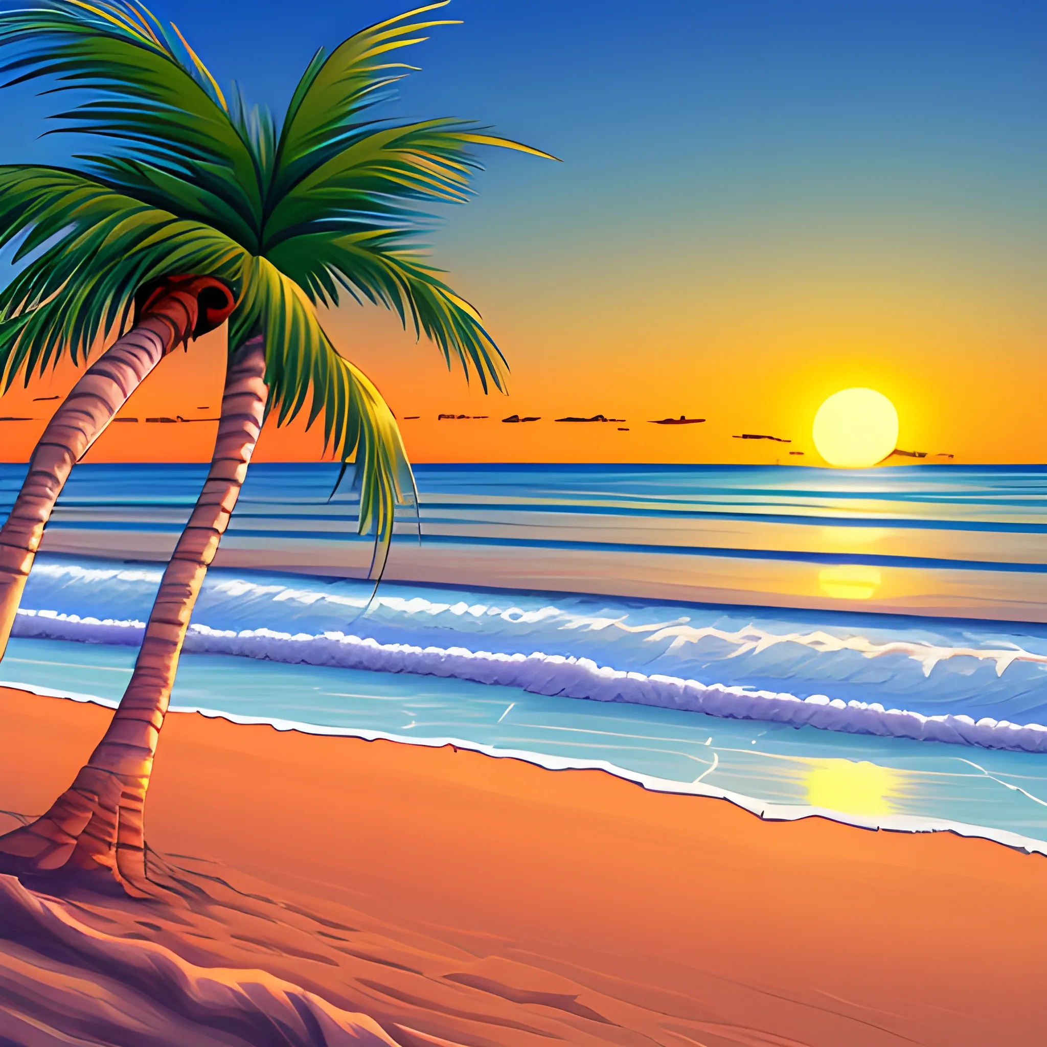 2d, sunset at the beach, include palm trees, no people, empty beach, landscape view, Cartoon