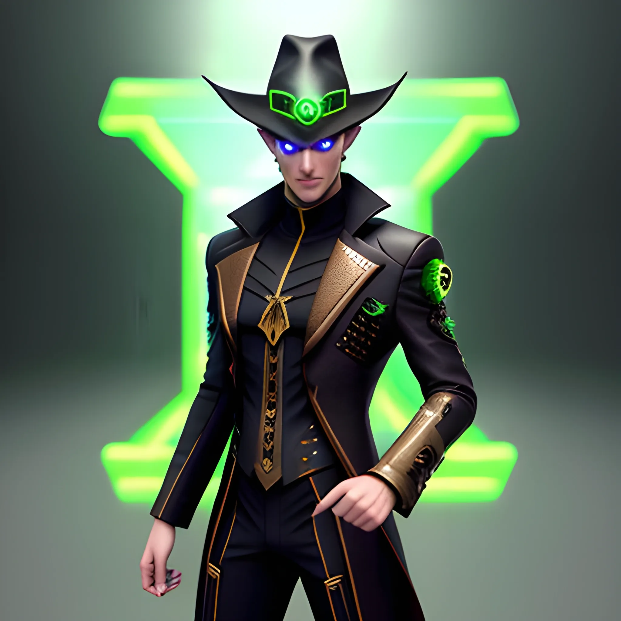 , 3D, Fantasy, cyberpunk, 18 year old, White, green eyes, elf ears, boy, fancy suit, brown hair, black hat
