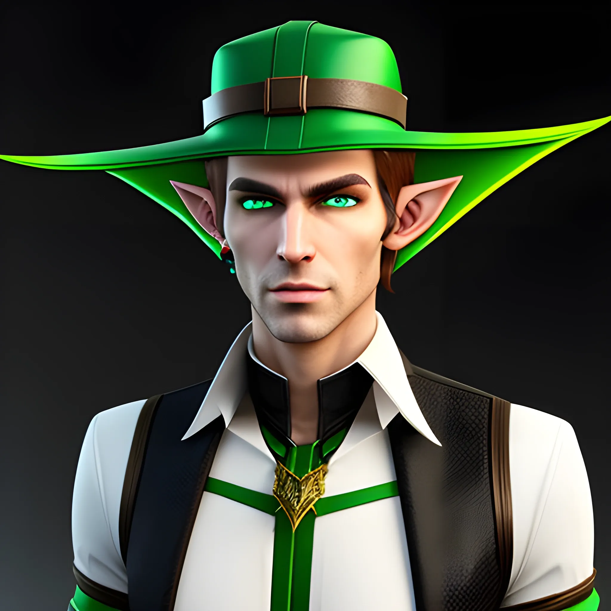 , 3D, Fantasy, cyberpunk, 18 year old, White, green eyes, elf ears, boy, fancy suit, brown hair, black hat, horns
