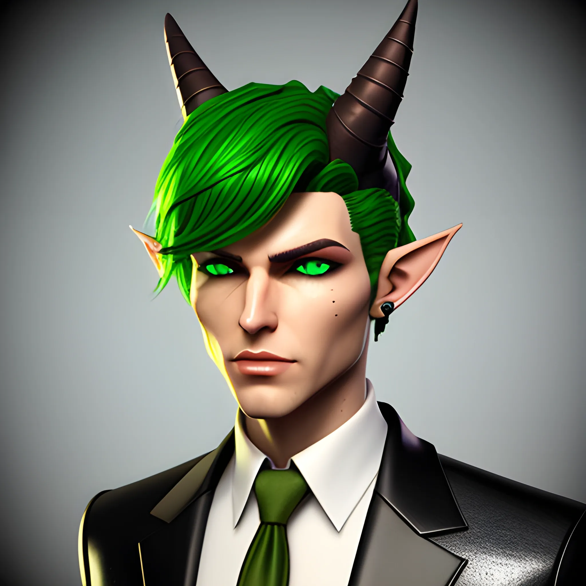 , 3D, Fantasy, cyberpunk, 18 year old, White, green eyes, elf ears, boy, fancy suit, brown hair, black hat, horns
