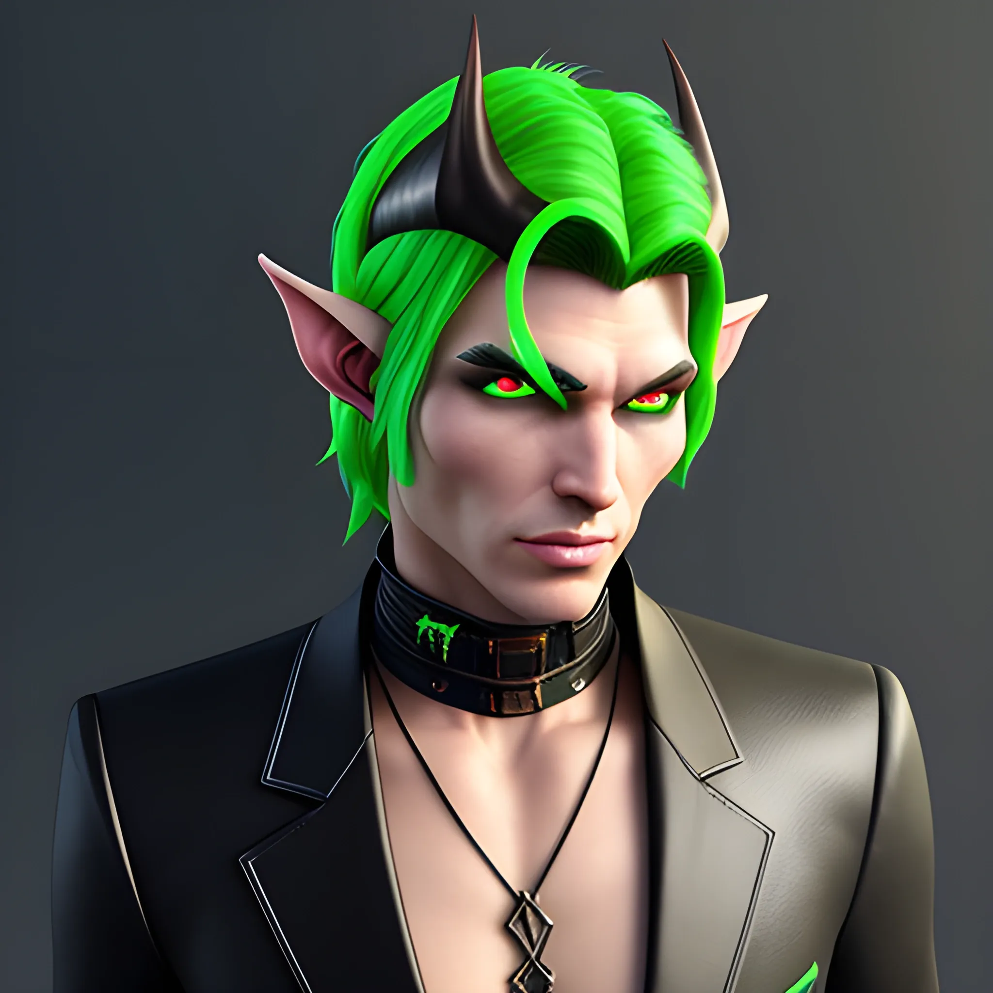 , 3D, Fantasy, cyberpunk, 18 year old, White, green eyes, elf ears, boy, fancy suit, brown hair, black hat, horns
