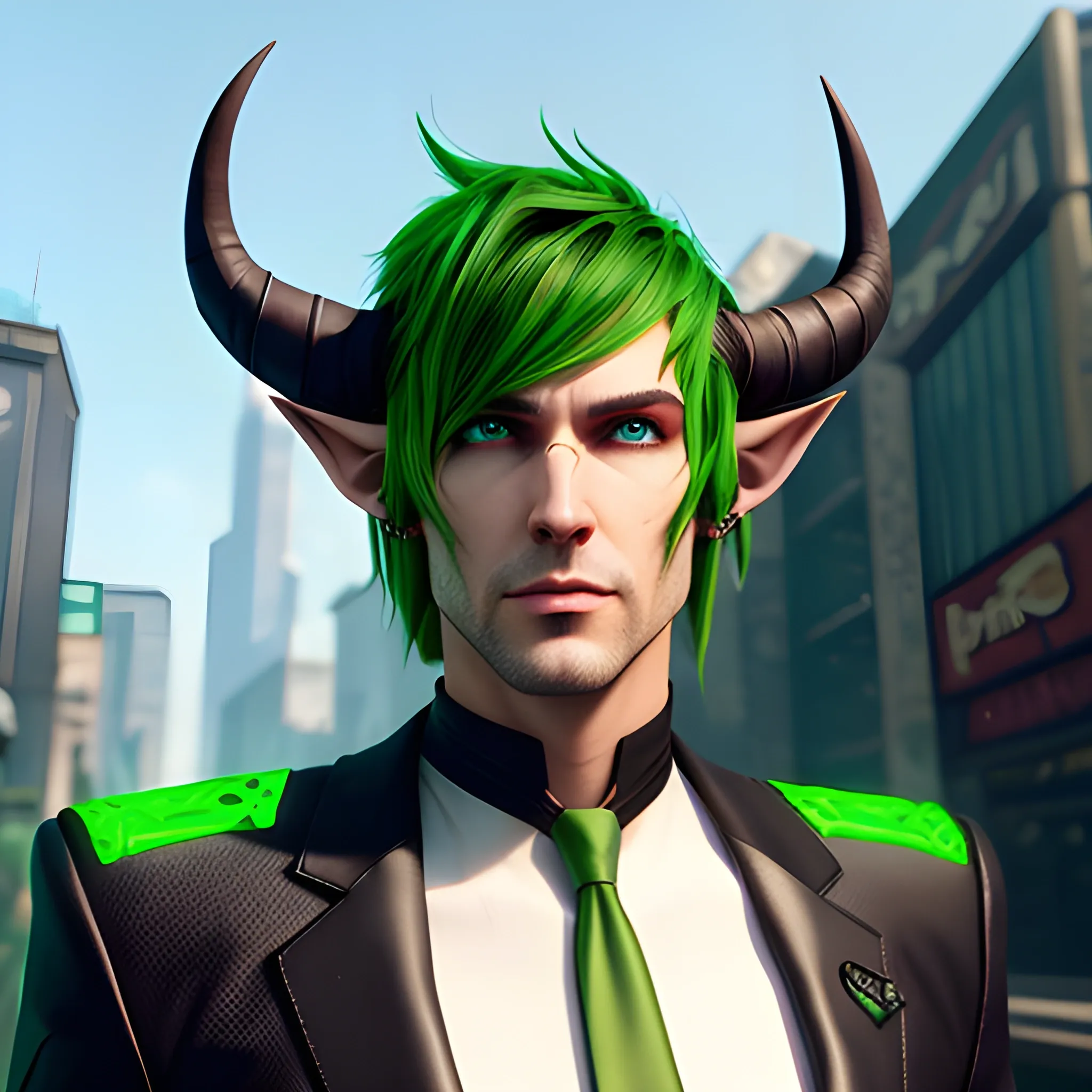 , 3D, Fantasy, cyberpunk, 18 year old, White, green eyes, elf ears, boy, fancy suit, brown hair, black hat with horns
