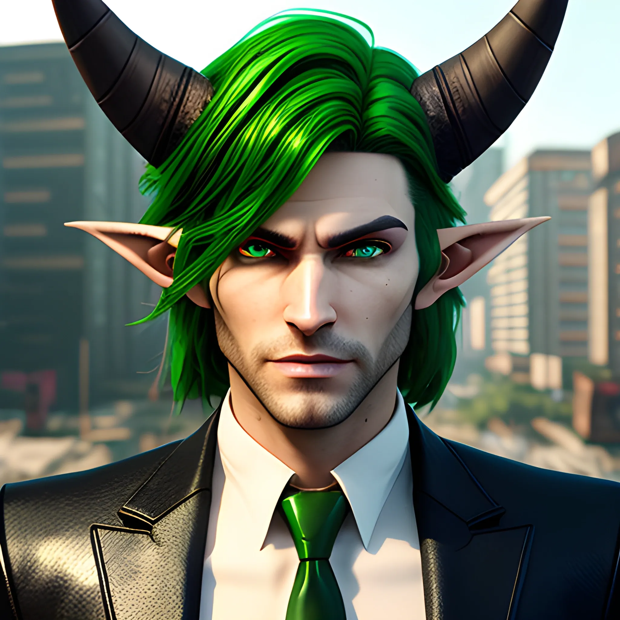 , 3D, Fantasy, cyberpunk, 18 year old, White, green eyes, elf ears, boy, fancy suit, brown hair, black hat with horns
