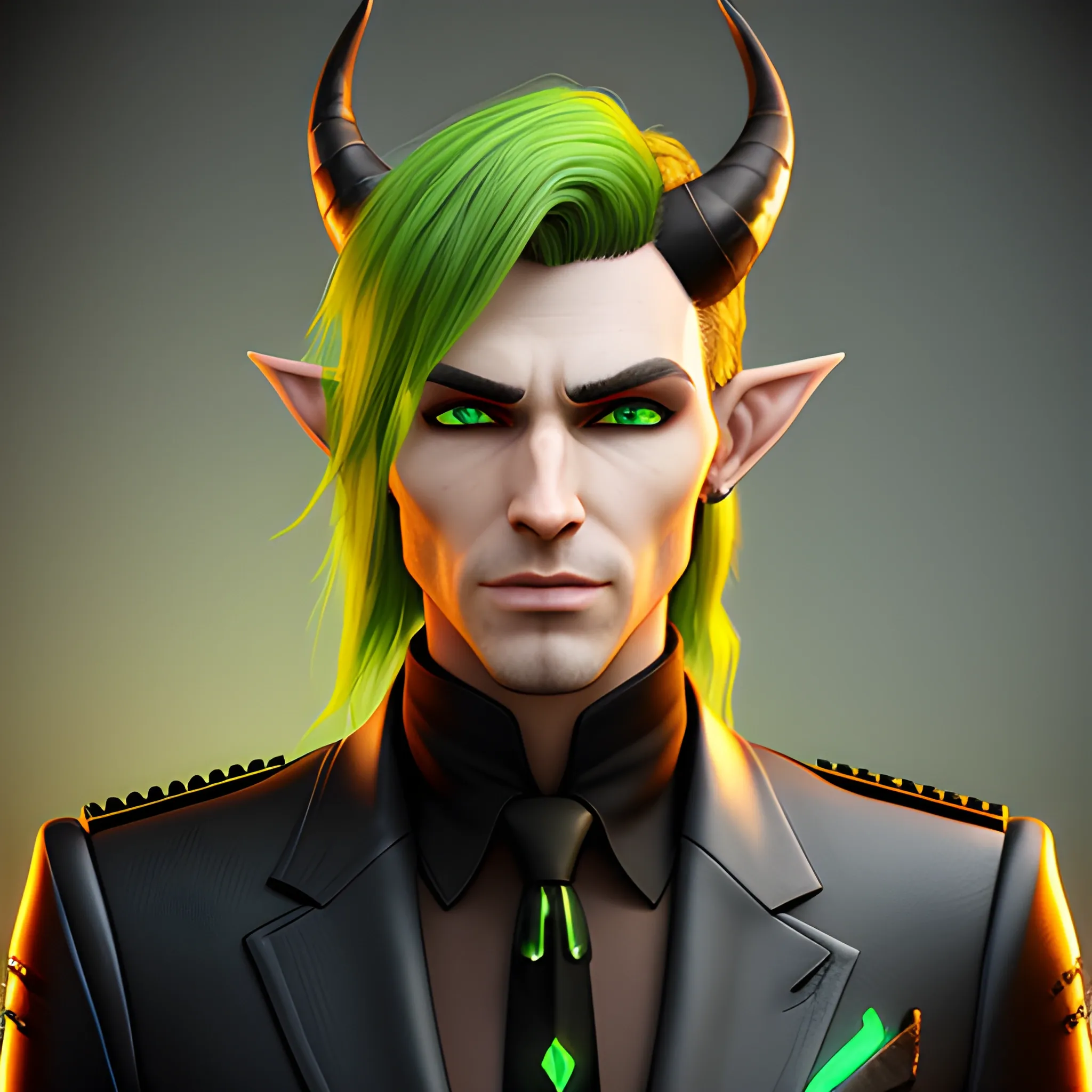 , 3D, Fantasy, cyberpunk, 18 year old, White, green eyes, elf ears, boy, fancy suit, brown hair, black hat with horns
