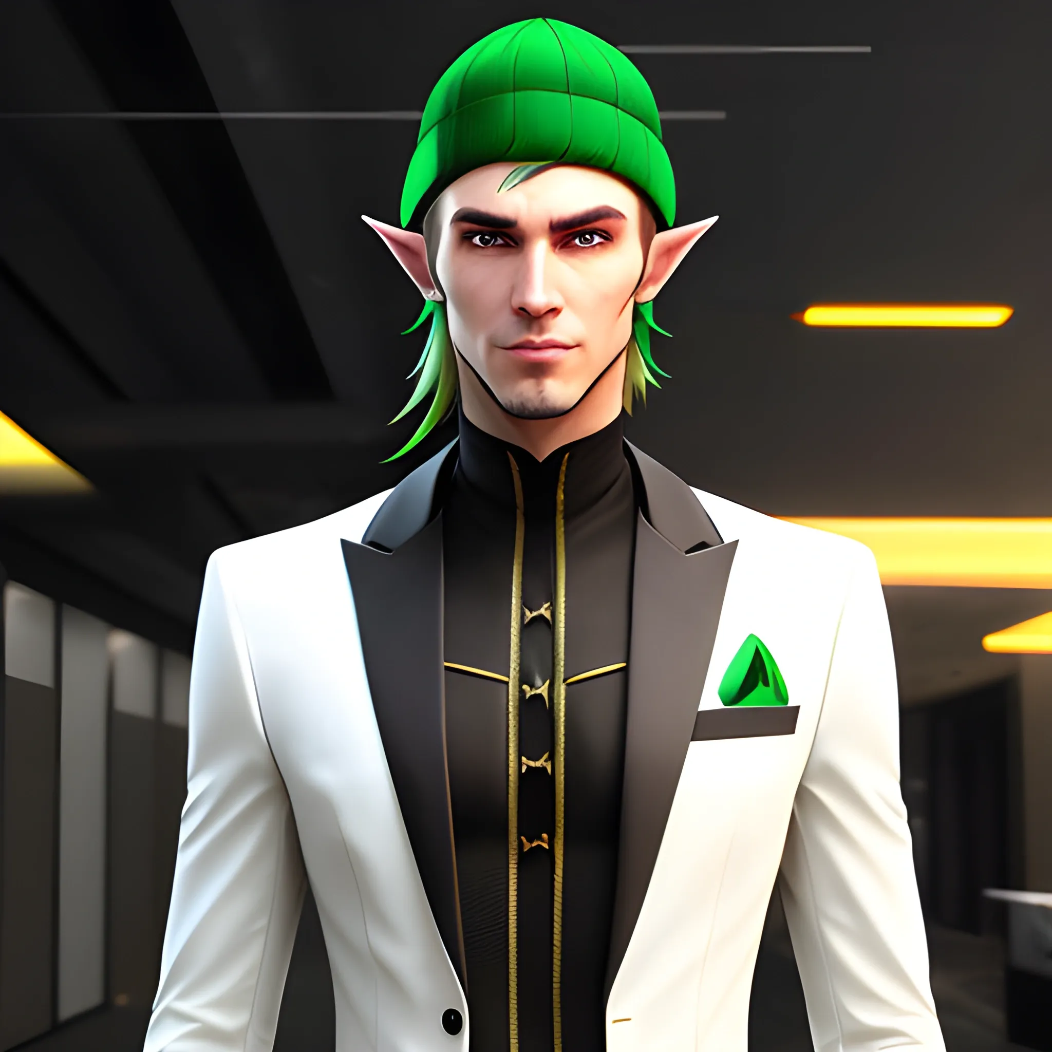 , 3D, Fantasy, cyberpunk, 18 year old, White, green eyes, elf ears, boy, fancy suit, brown hair, black beanie
