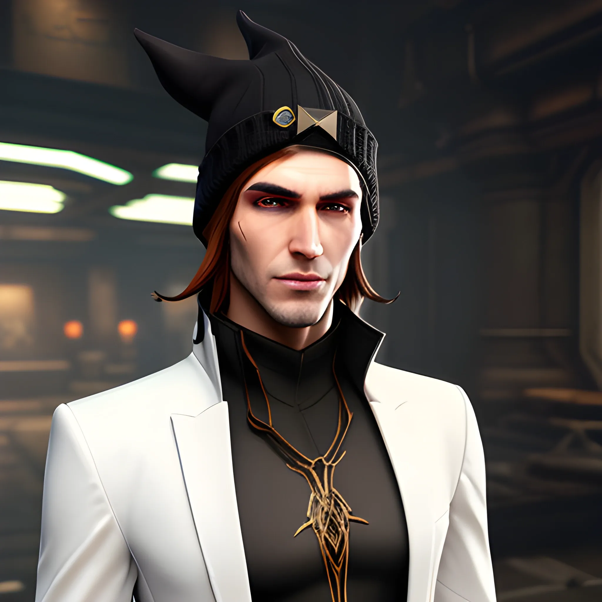 , 3D, Fantasy, cyberpunk, 18 year old, White, elf ears, boy, fancy suit, brown hair, black beanie
