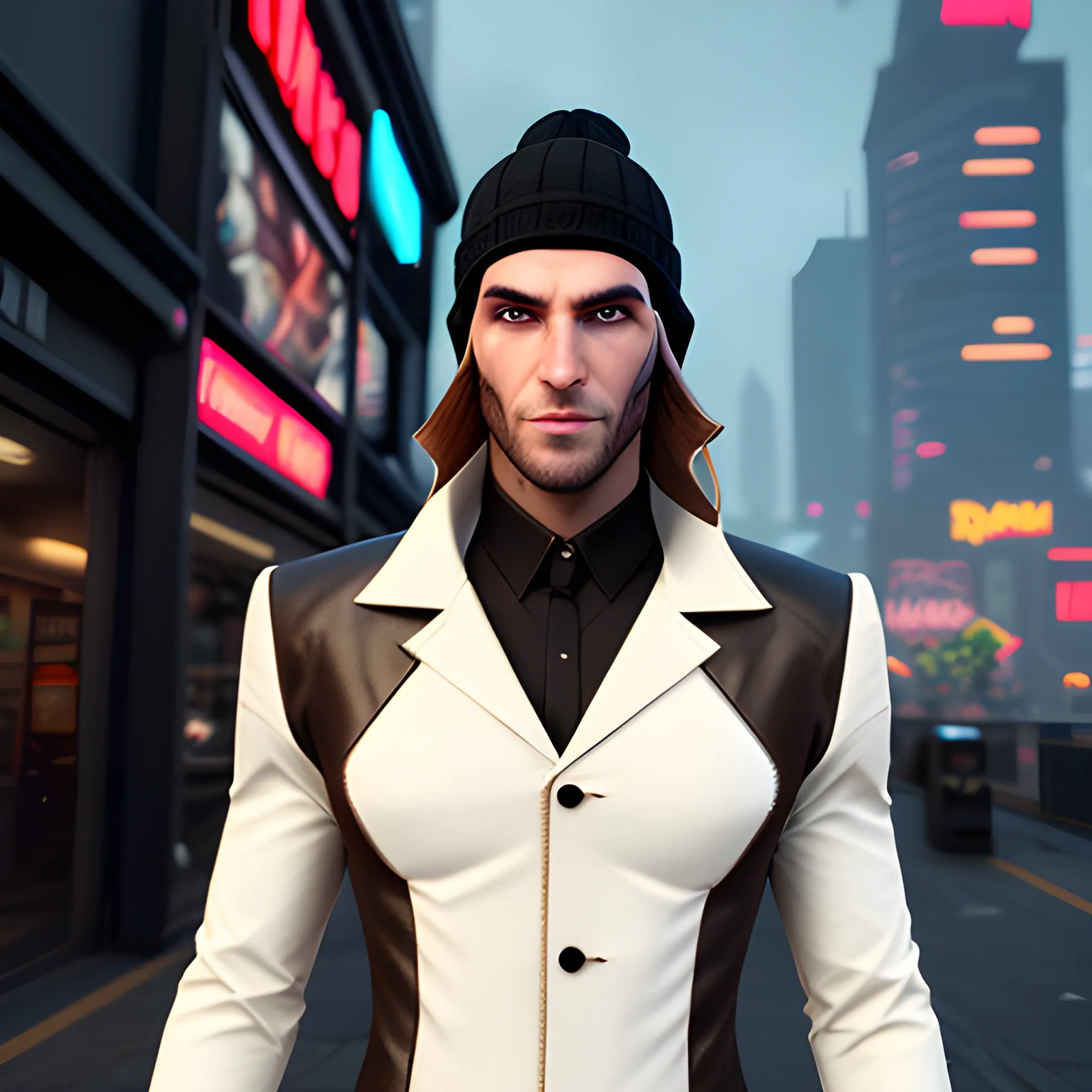 , 3D, Fantasy, cyberpunk, 18 year old, White, elf ears, boy, fancy suit, brown hair, black beanie, casino
