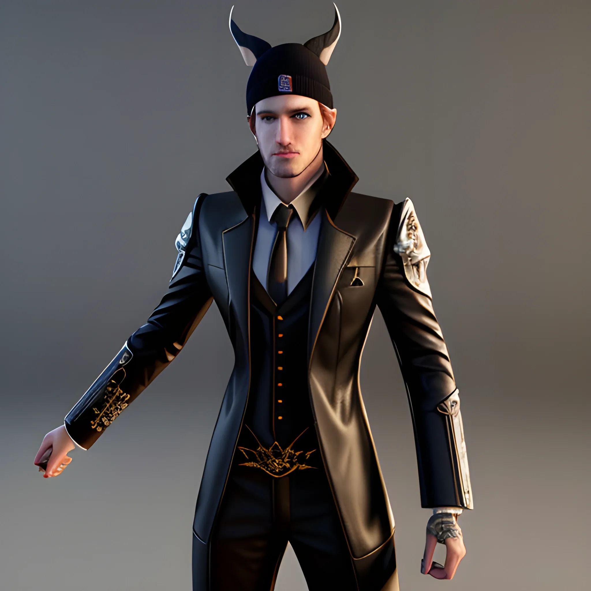 , 3D, Fantasy, cyberpunk, 18 year old, White, elf ears, boy, fancy suit, brown hair, black beanie, casino, horns
