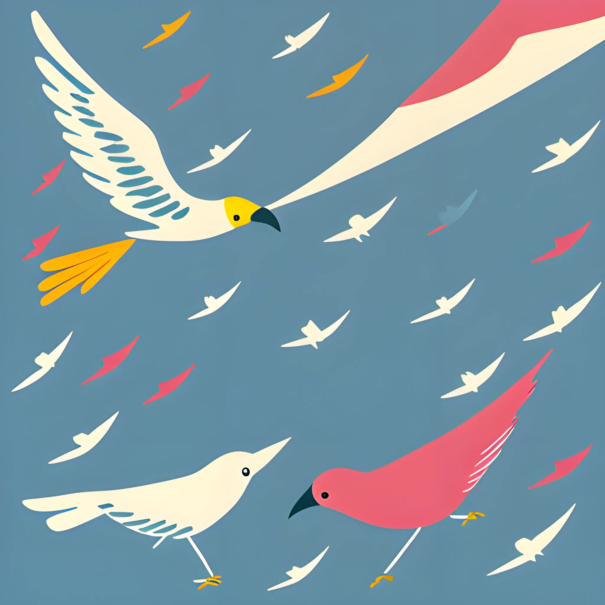 birds of many colors escape the storm, minimalist illustration