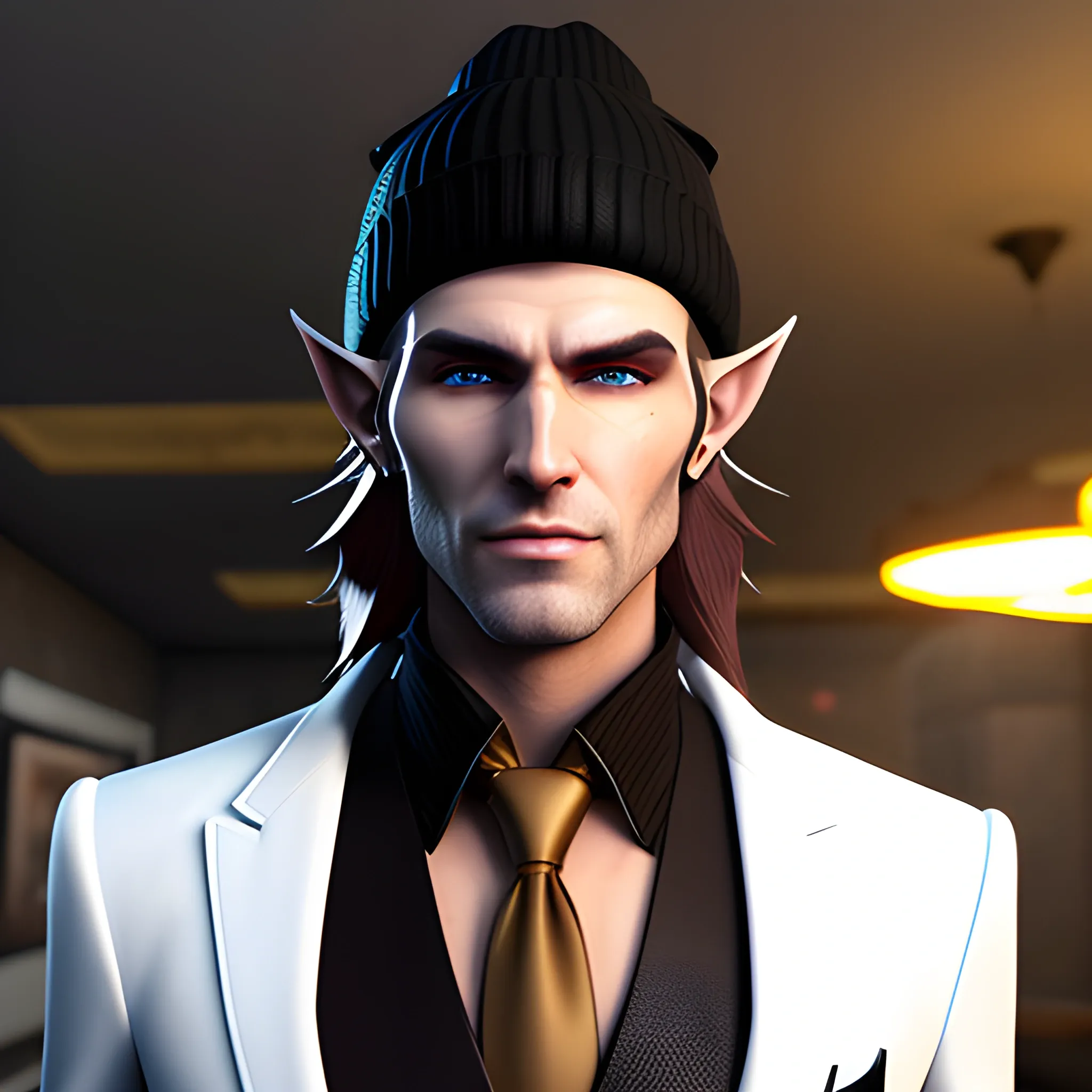 , 3D, Fantasy, cyberpunk, 18 year old, White, elf ears, boy, fancy suit, brown hair, black beanie, casino, horns
