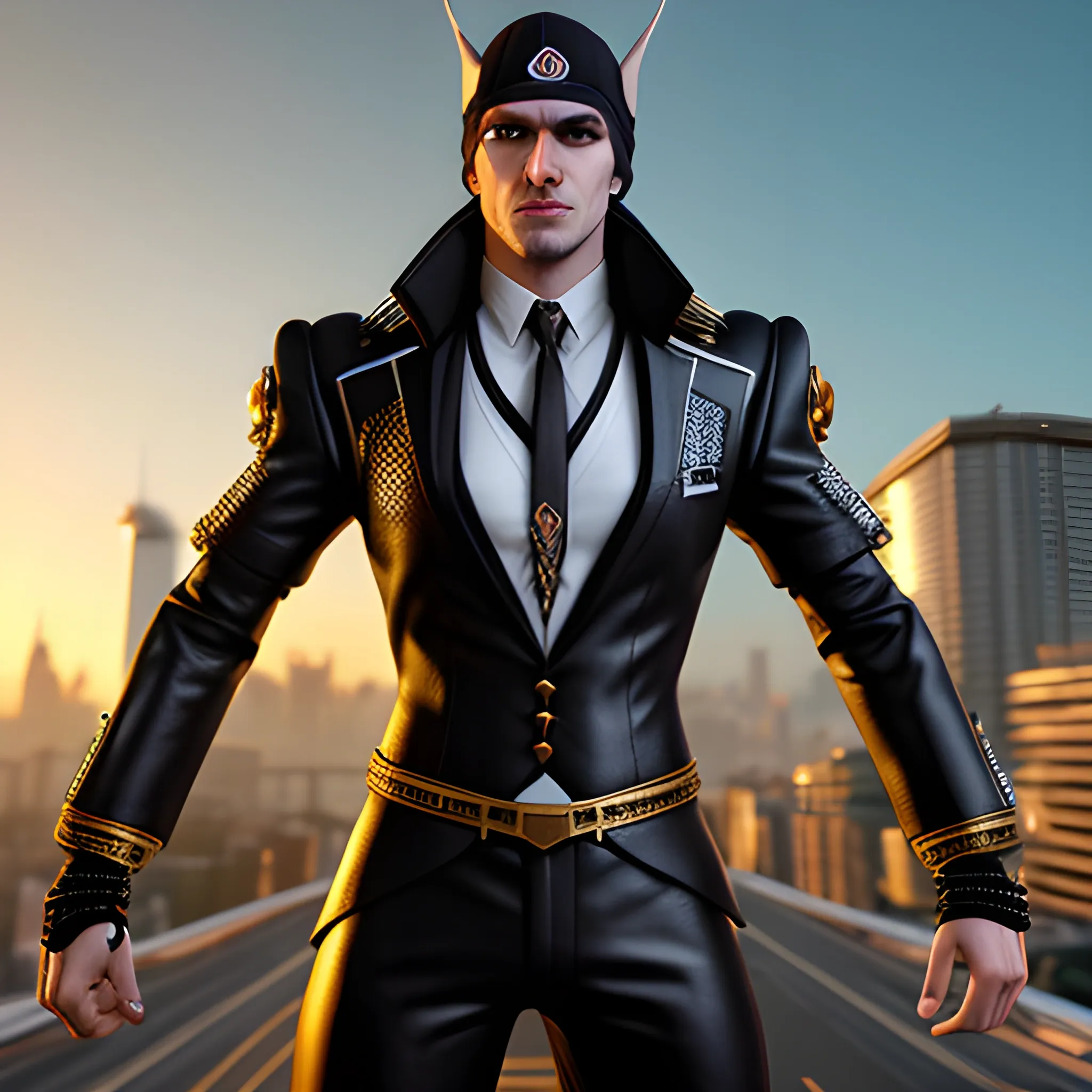 , 3D, Fantasy, cyberpunk, 18 year old, White, elf ears, boy, fancy suit, brown hair, black beanie, casino, horns
