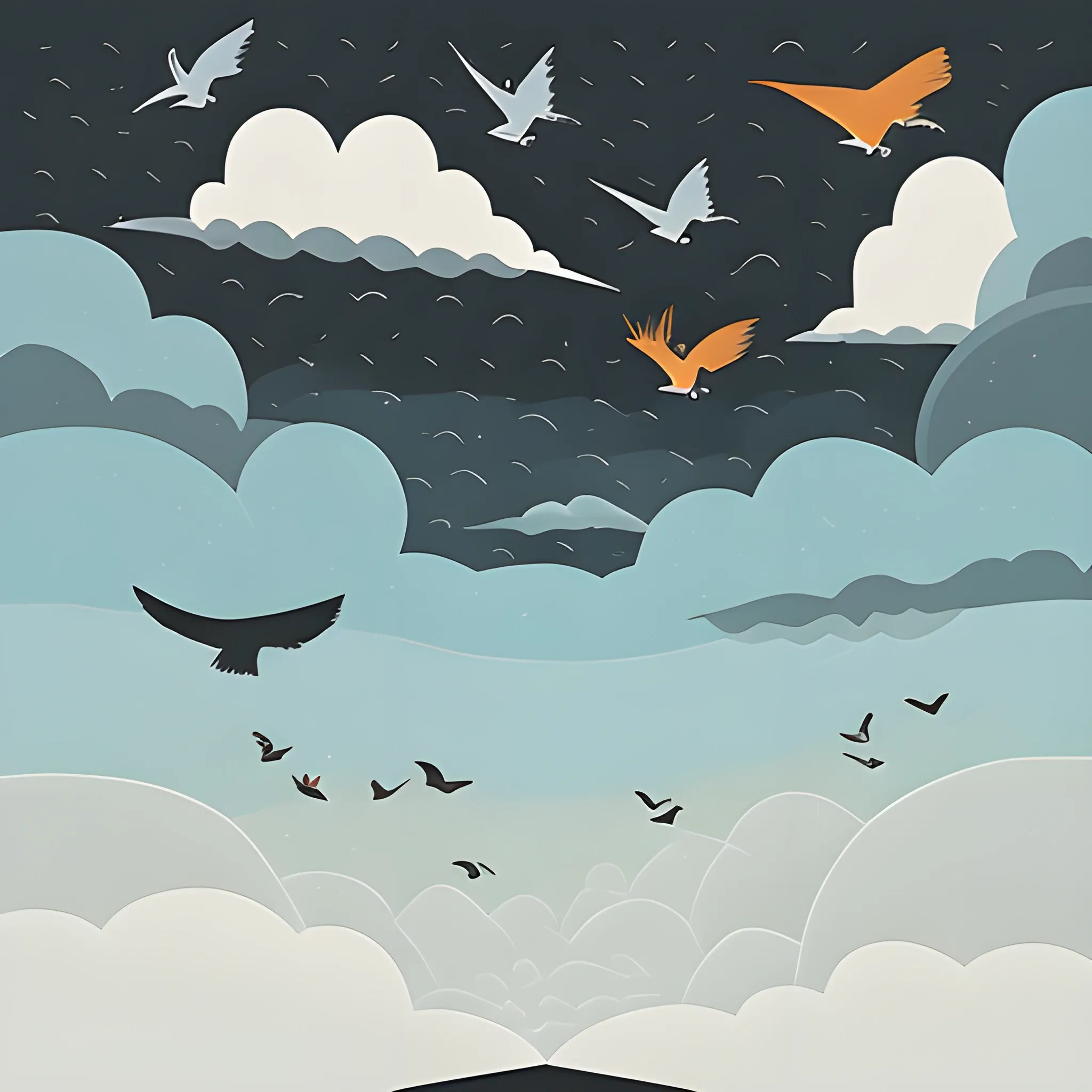 birds of many colors escape the storm, minimalist illustration