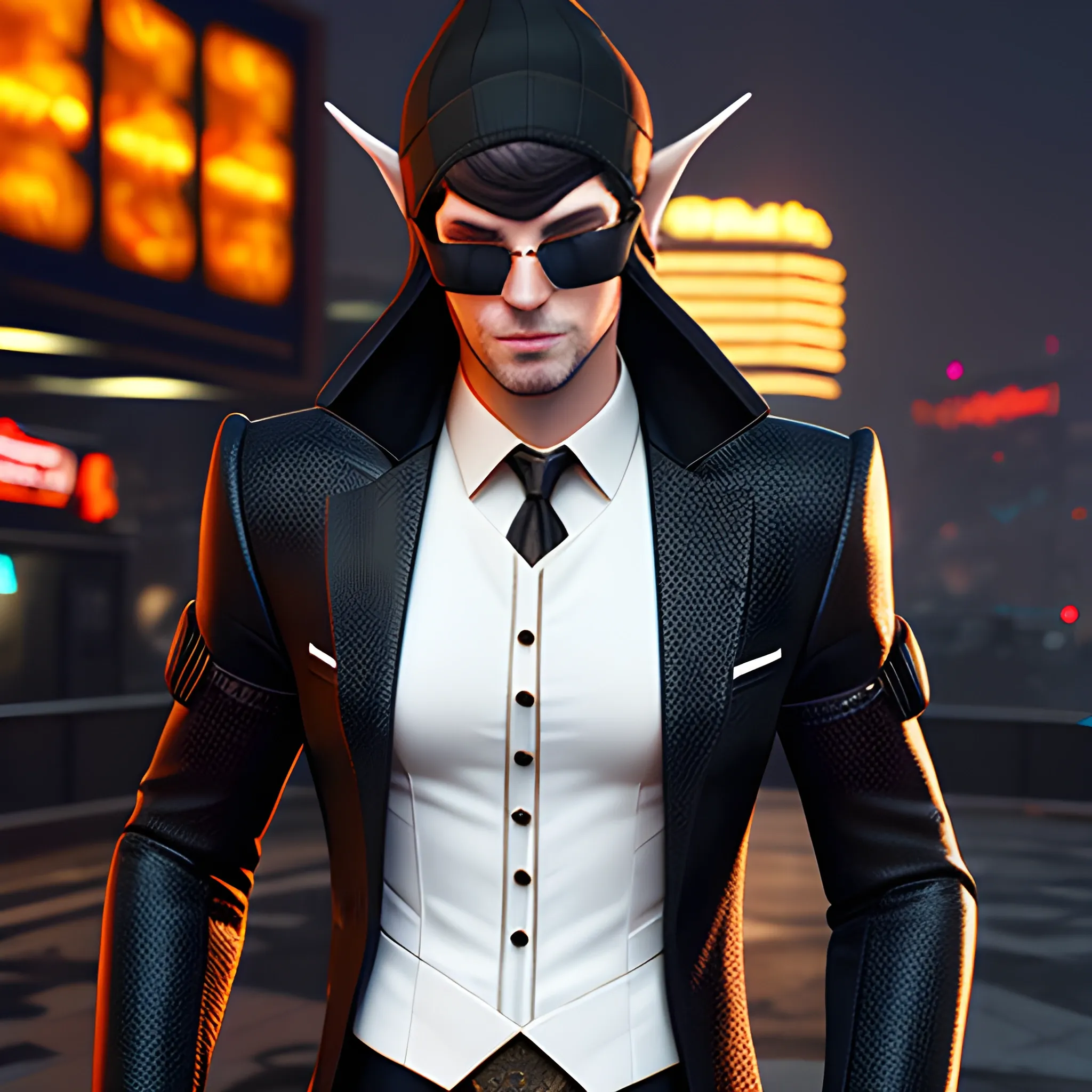 , 3D, Fantasy, cyberpunk, 18 year old, White, elf ears, boy, fancy suit, brown hair, black beanie, casino, horns
