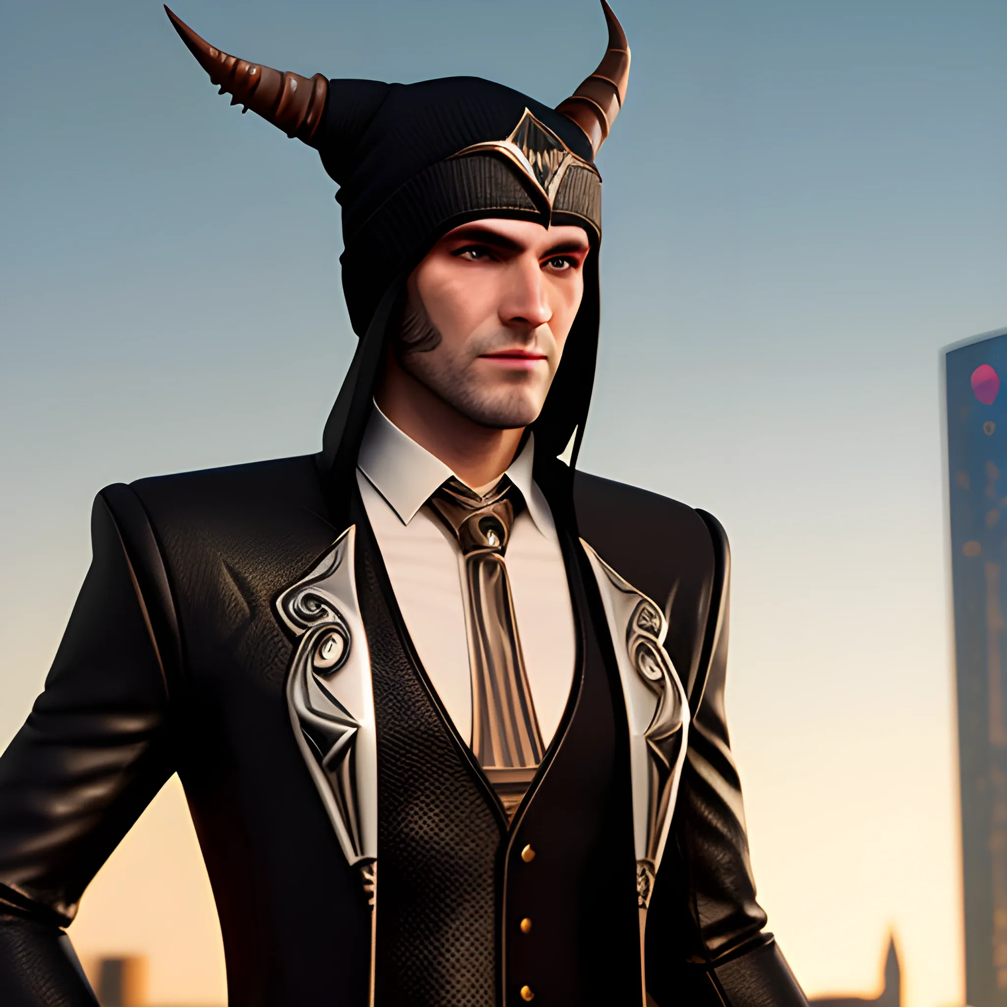 , 3D, Fantasy, cyberpunk, 18 year old, White, elf ears, boy, fancy suit, brown hair, black beanie, casino, horns
