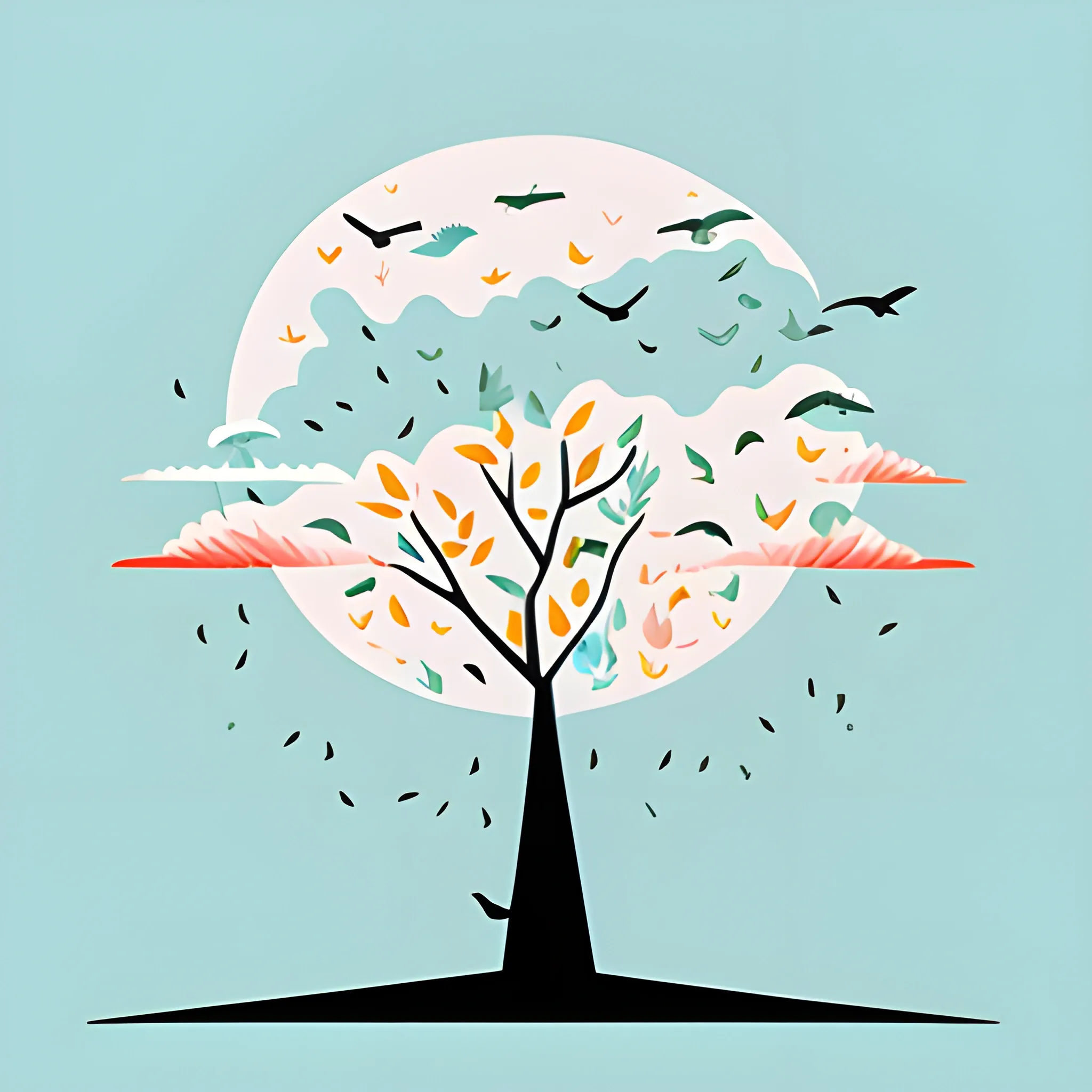 birds of many colors escape the storm, minimalist illustration, with tree