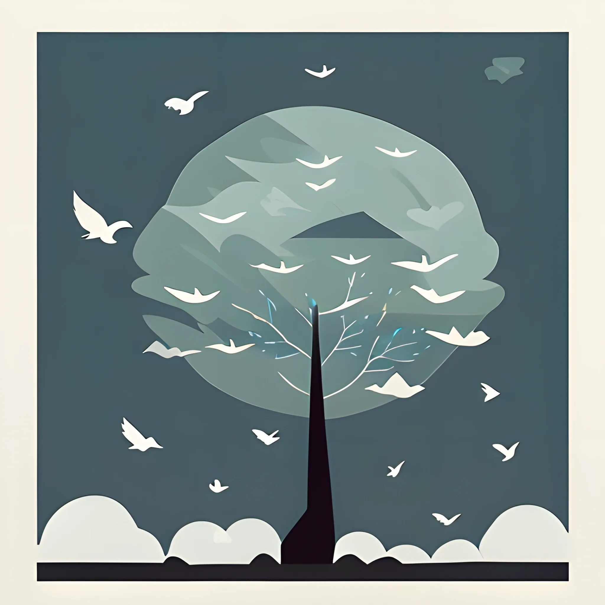 birds of many colors escape the storm, minimalist illustration, with tree