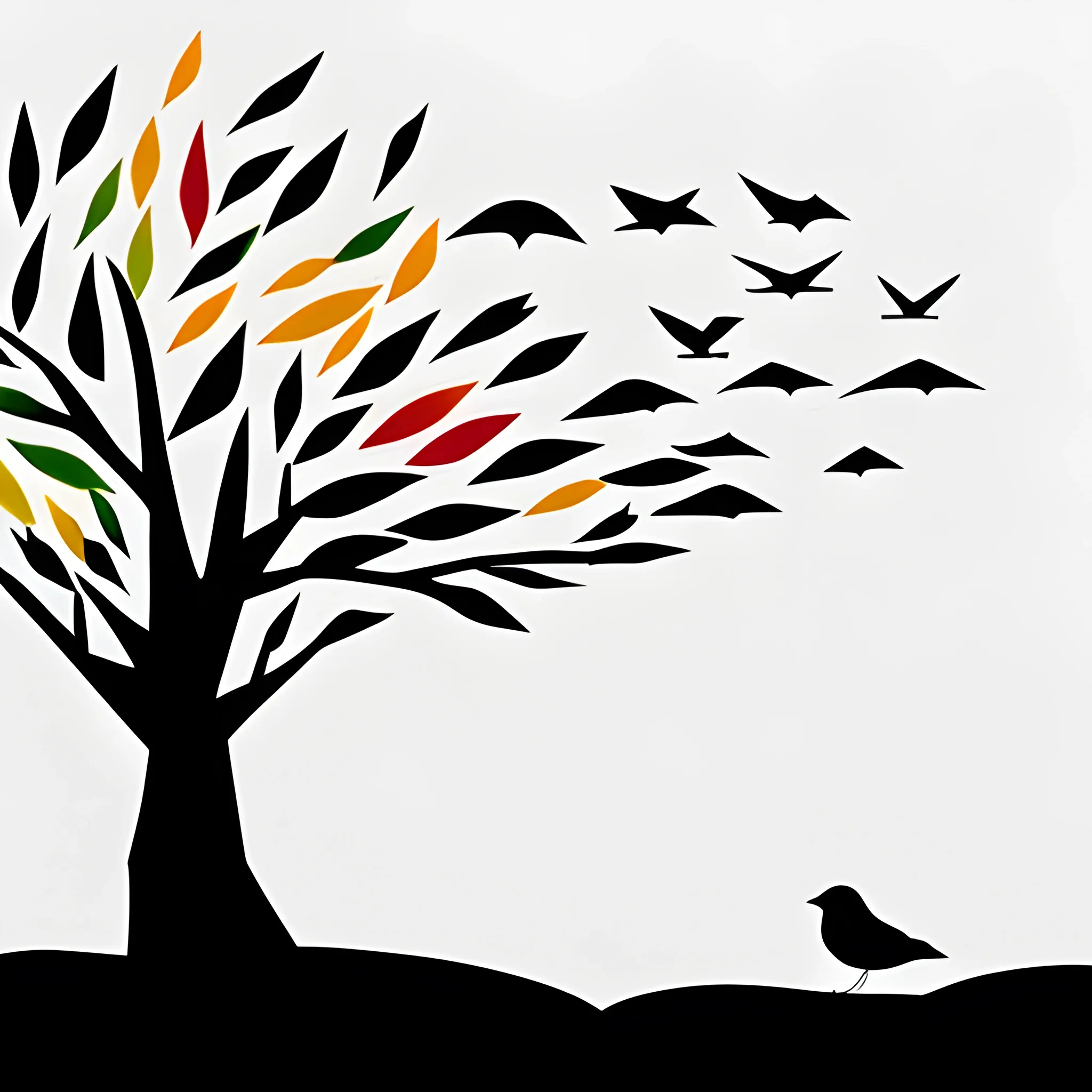 birds of many colors escape the storm, minimalist illustration, with tree, sad bird