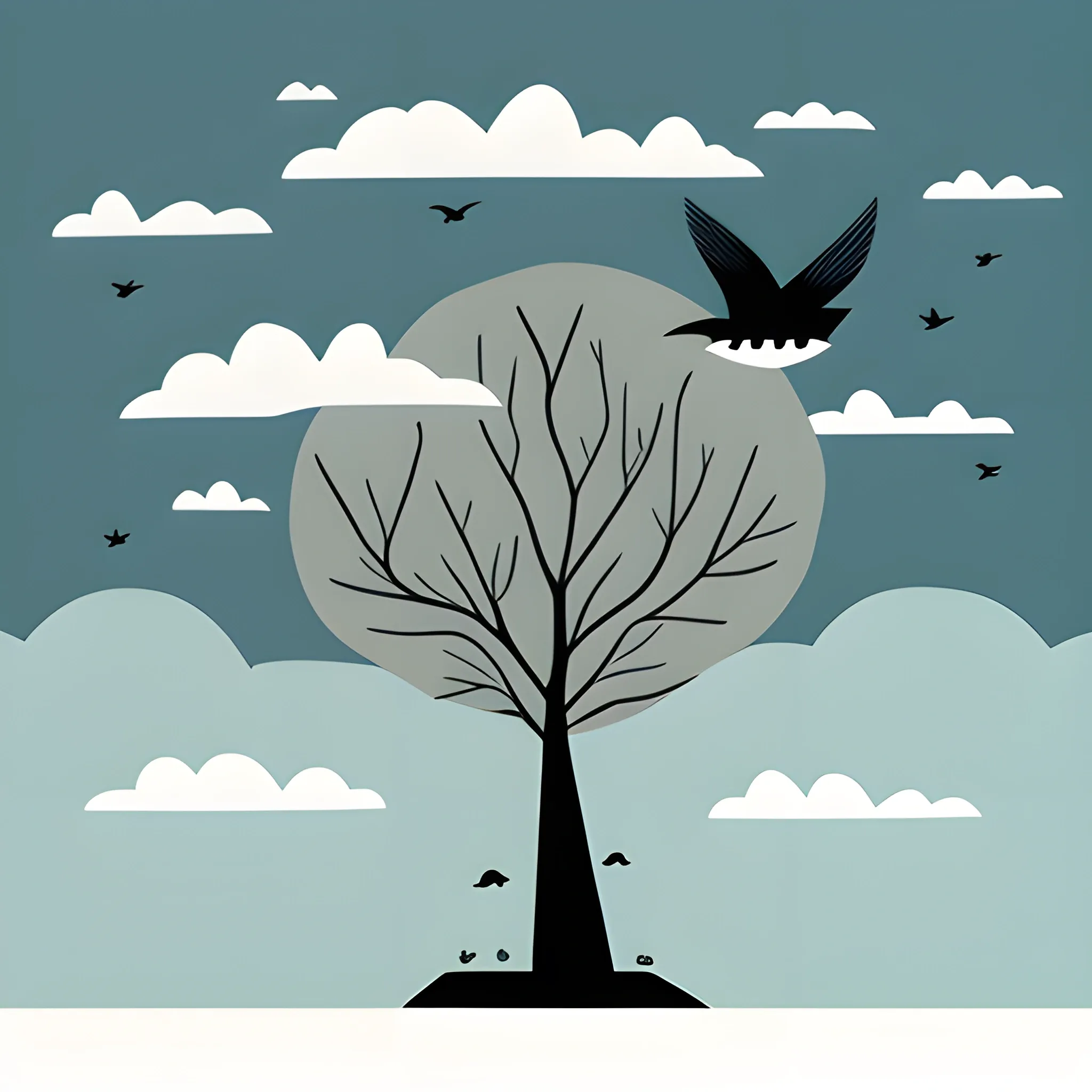 birds of many colors escape the storm, minimalist illustration, with tree, sad bird