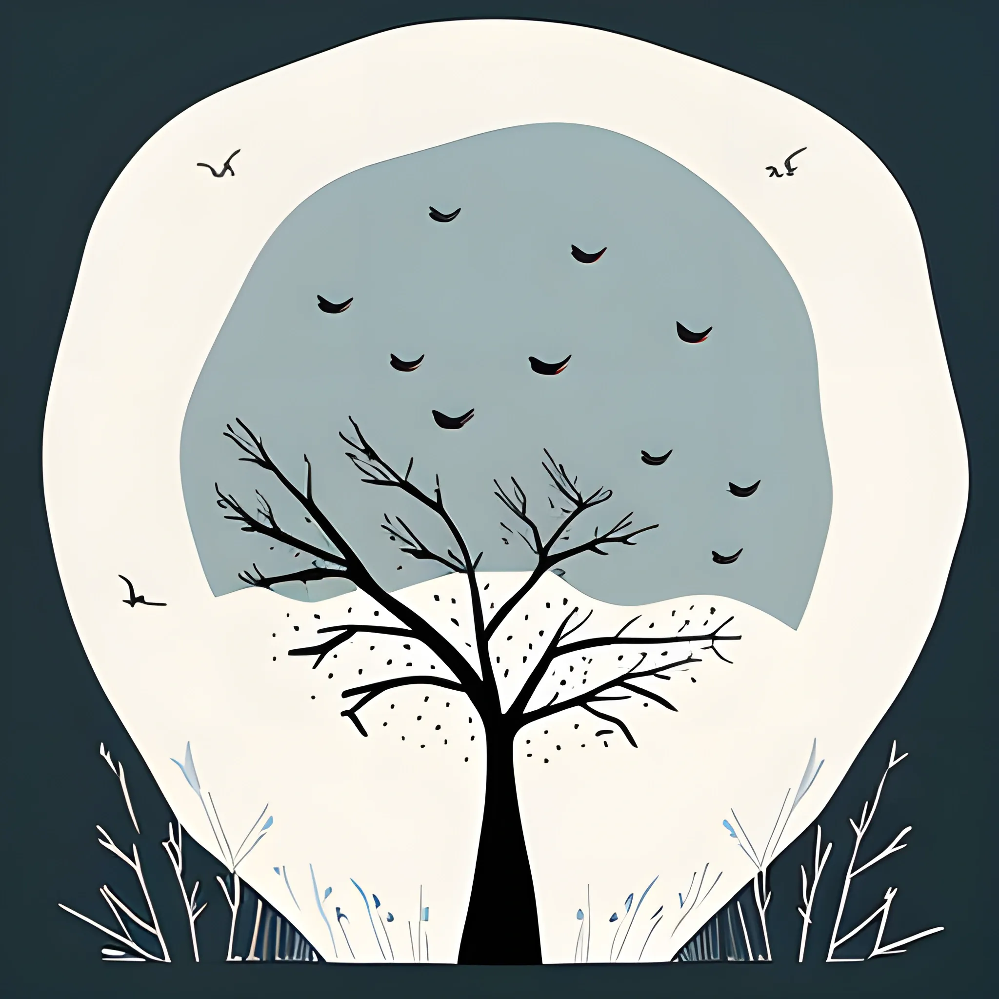 birds of many colors escape the storm, minimalist illustration, with tree, sad bird