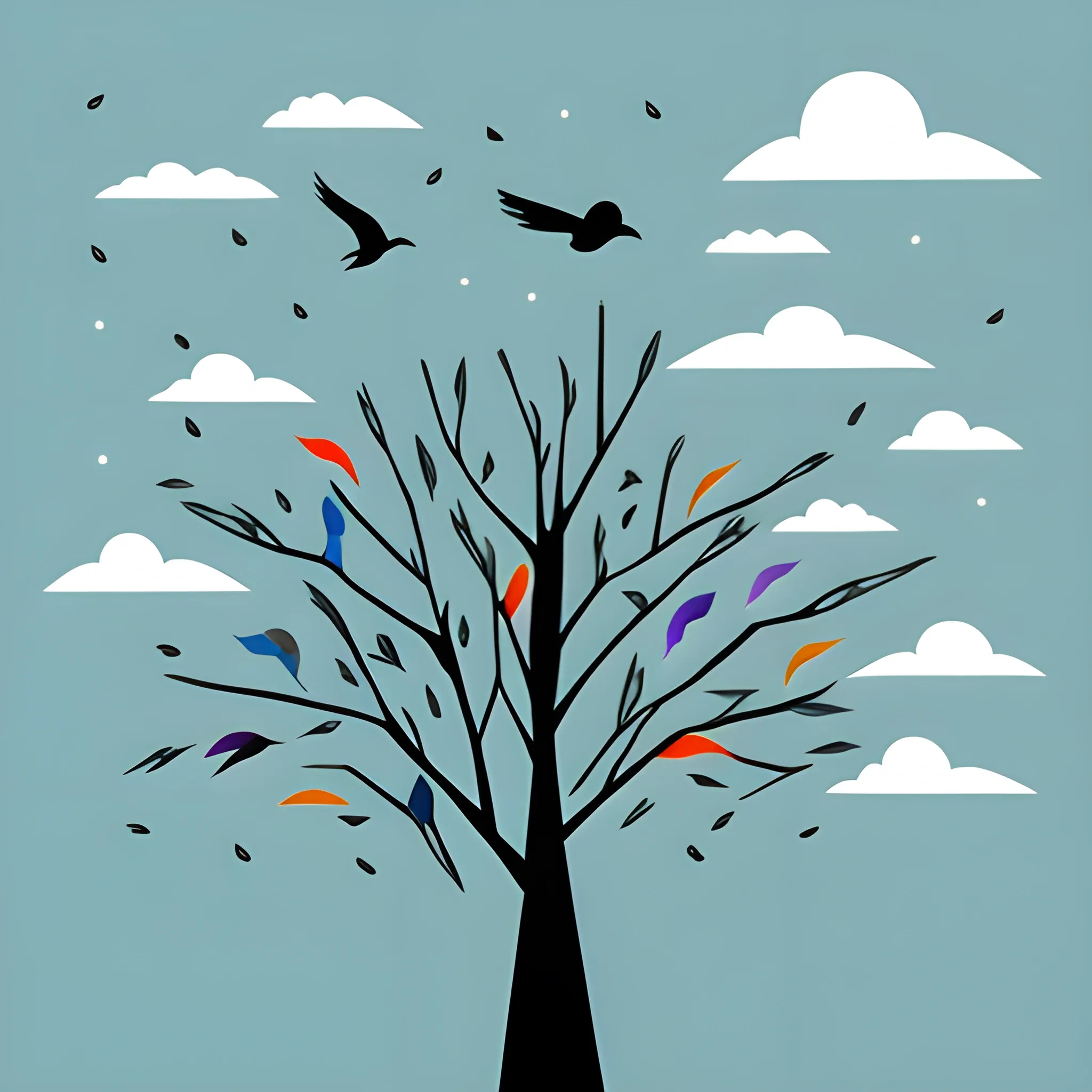 birds of many colors escape the storm, minimalist illustration, with tree, sad bird