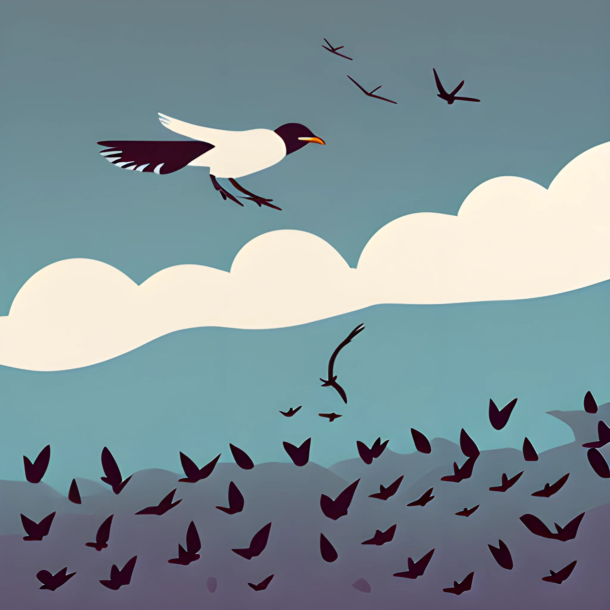 birds of many colors escape the storm, minimalist illustration, flying from the trees, sad bird