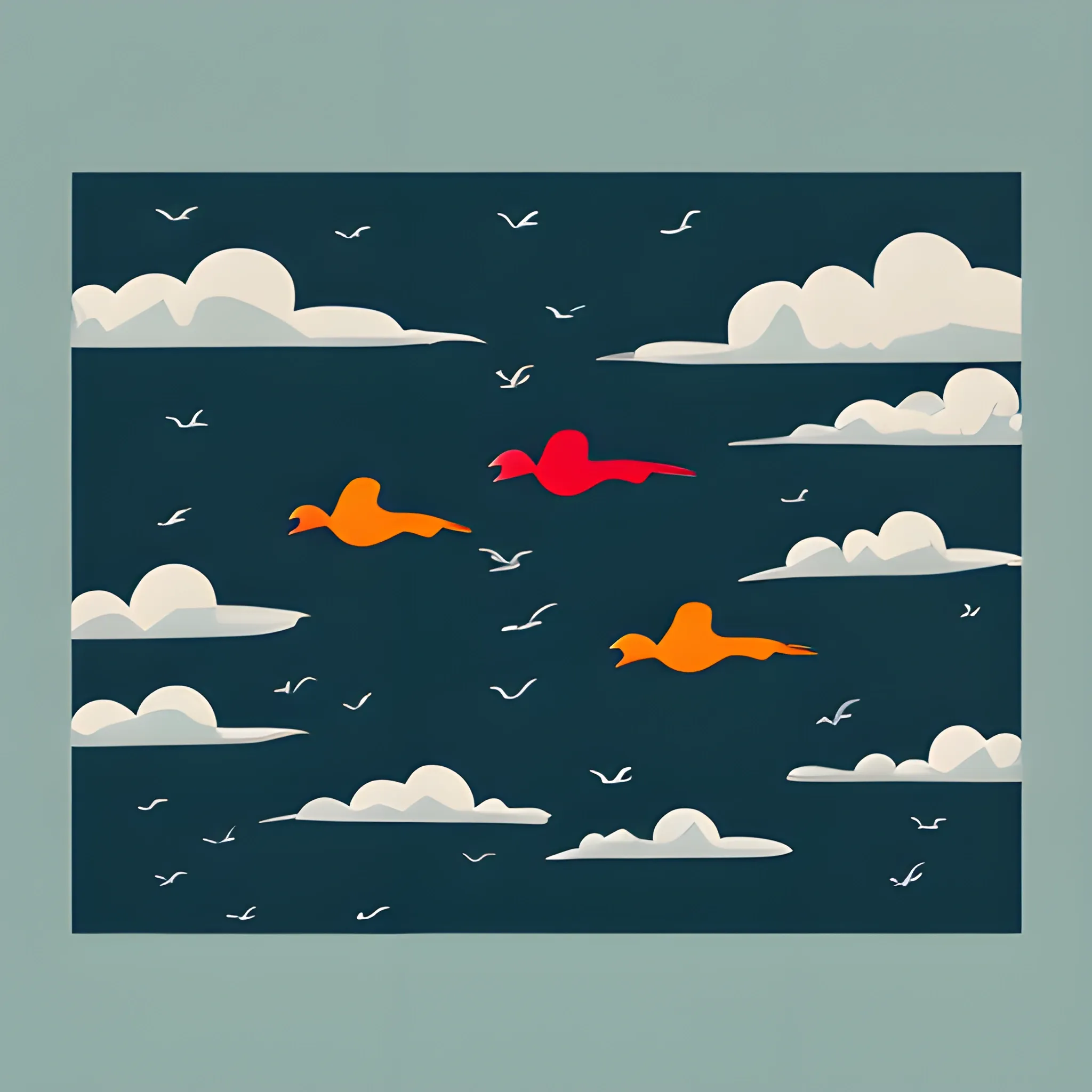 birds of many colors escape the storm, minimalist illustration, flying to their home