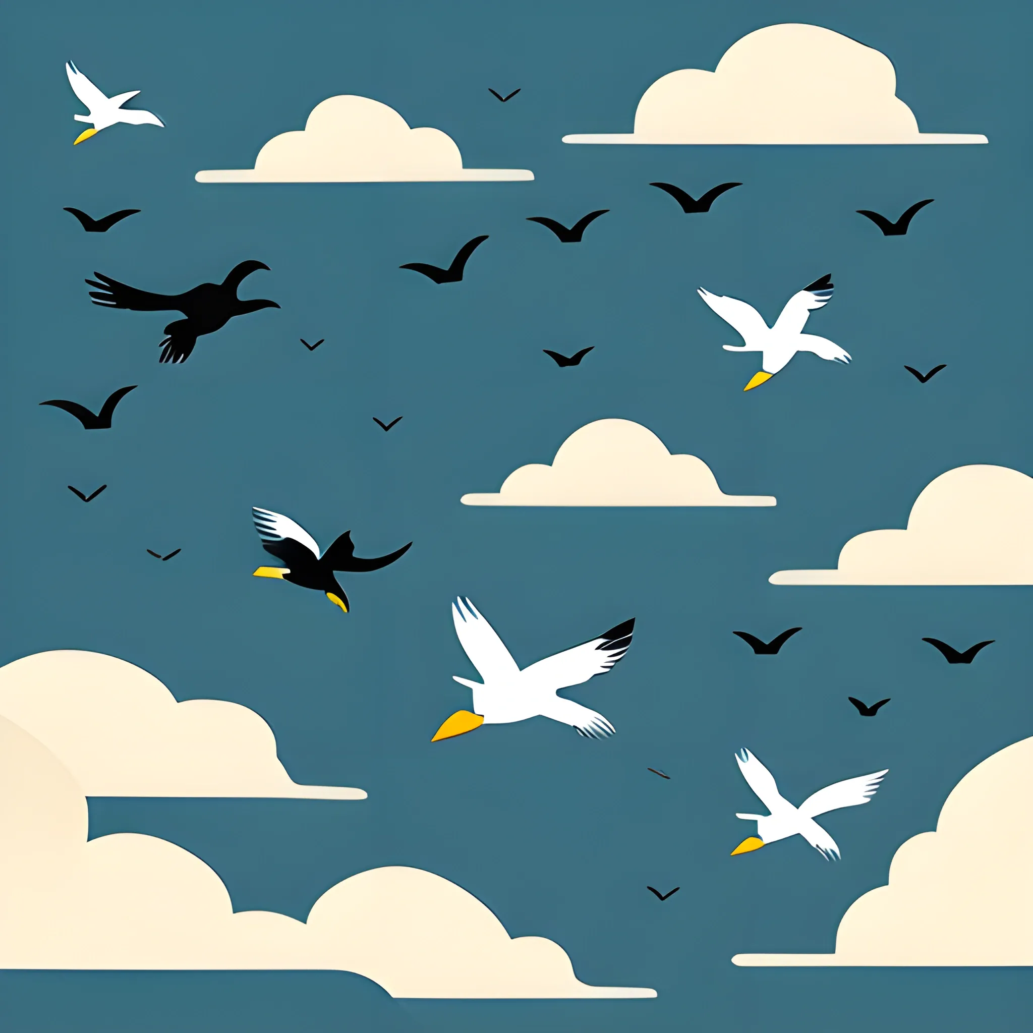 birds of many colors escape the storm, minimalist illustration, flying to their home