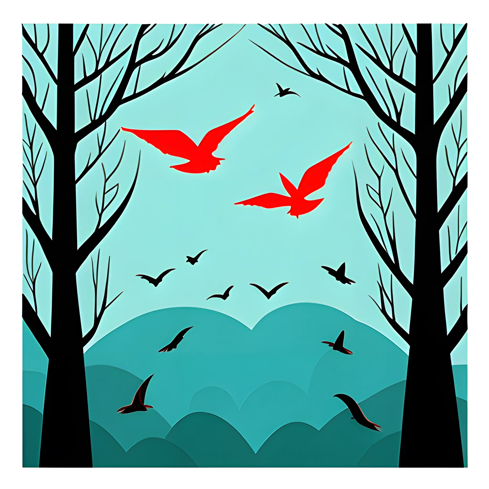 birds of many colors escaping the storm, illustration children book, minimalist flying to their home in the trees