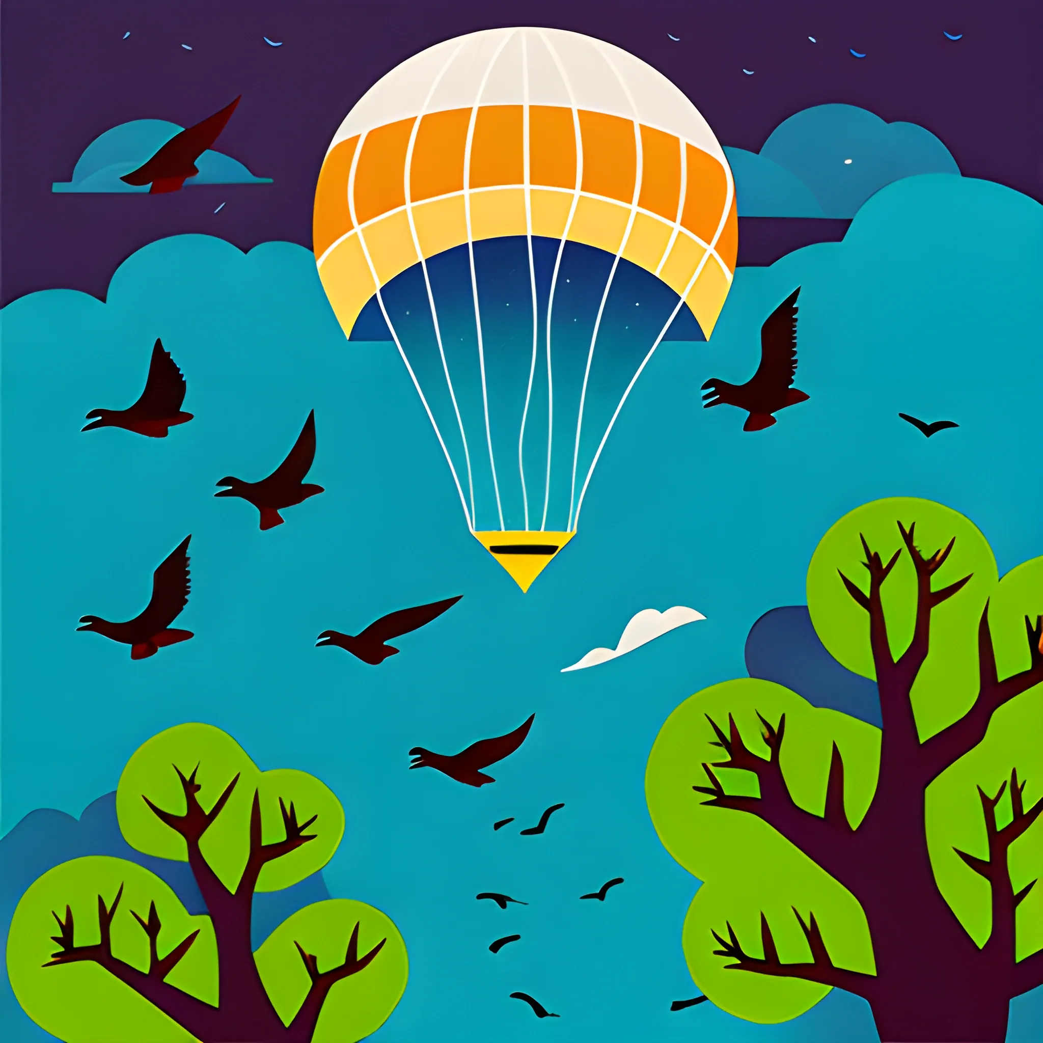 birds of many colors escaping the storm, illustration children book, minimalist flying to their home in the trees