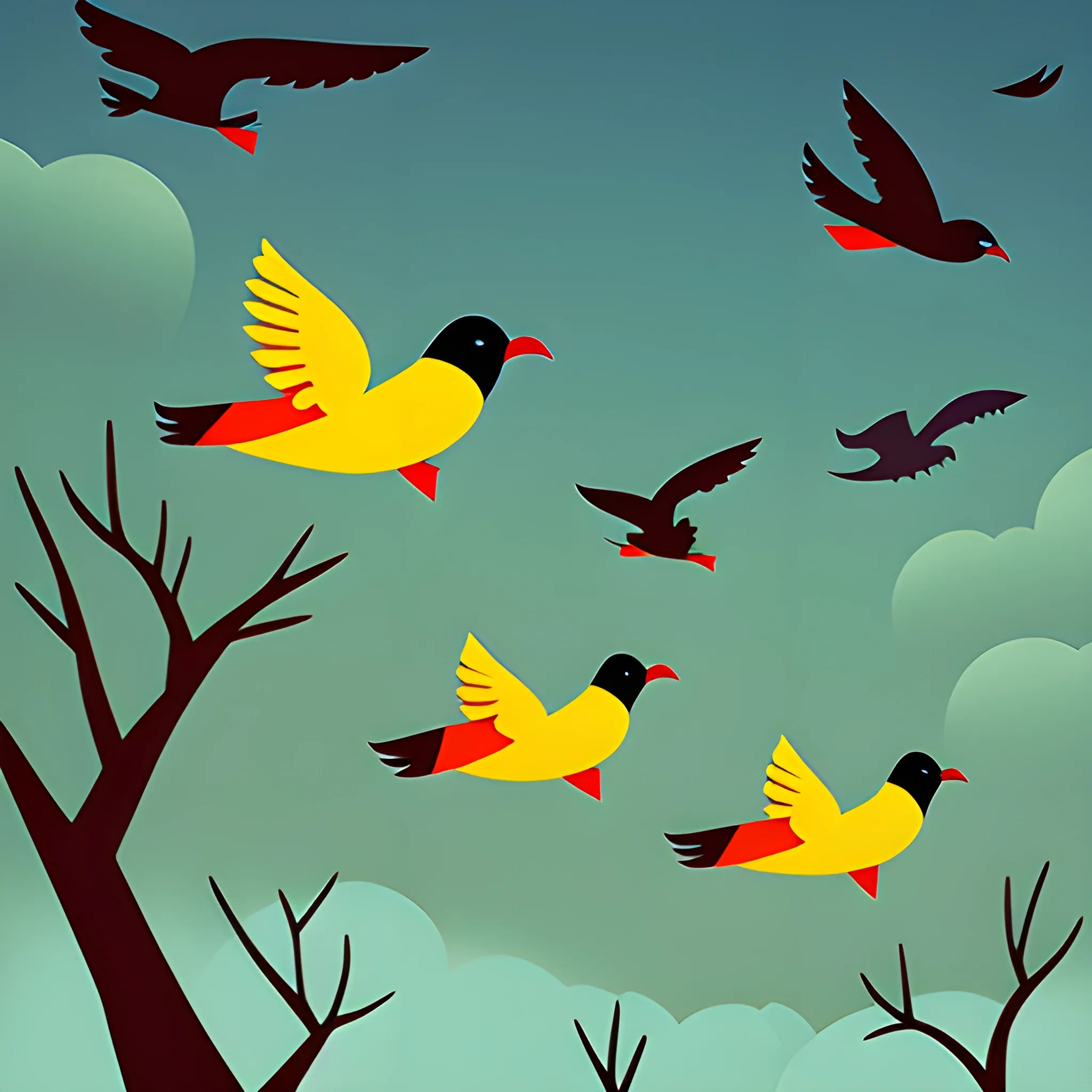 birds of many colors escaping the storm, illustration children book, minimalist flying to their home in the trees