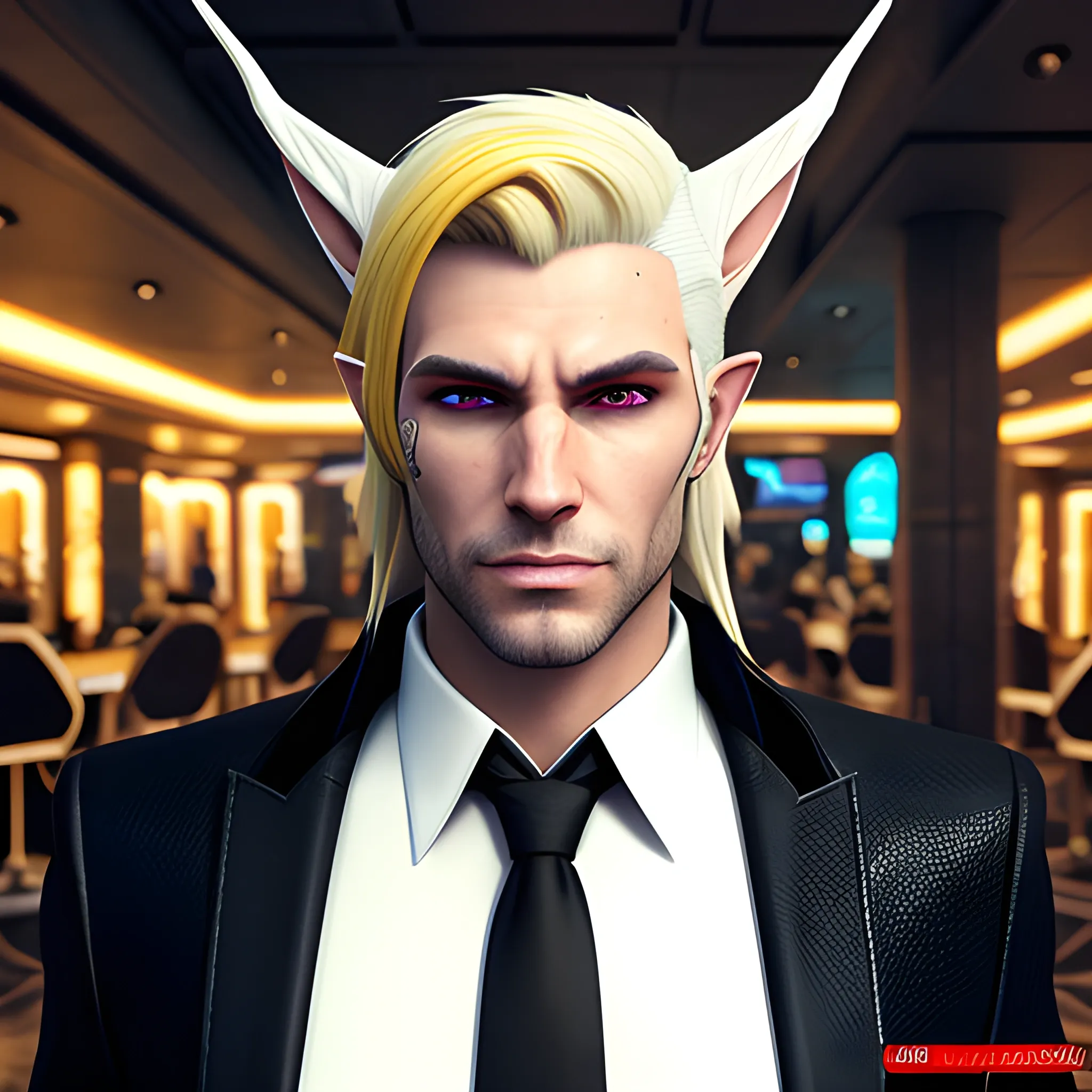 , 3D, Fantasy, cyberpunk, 18 year old, White, elf ears, boy, fancy suit, black beanie, casino, horns, blonde hair
