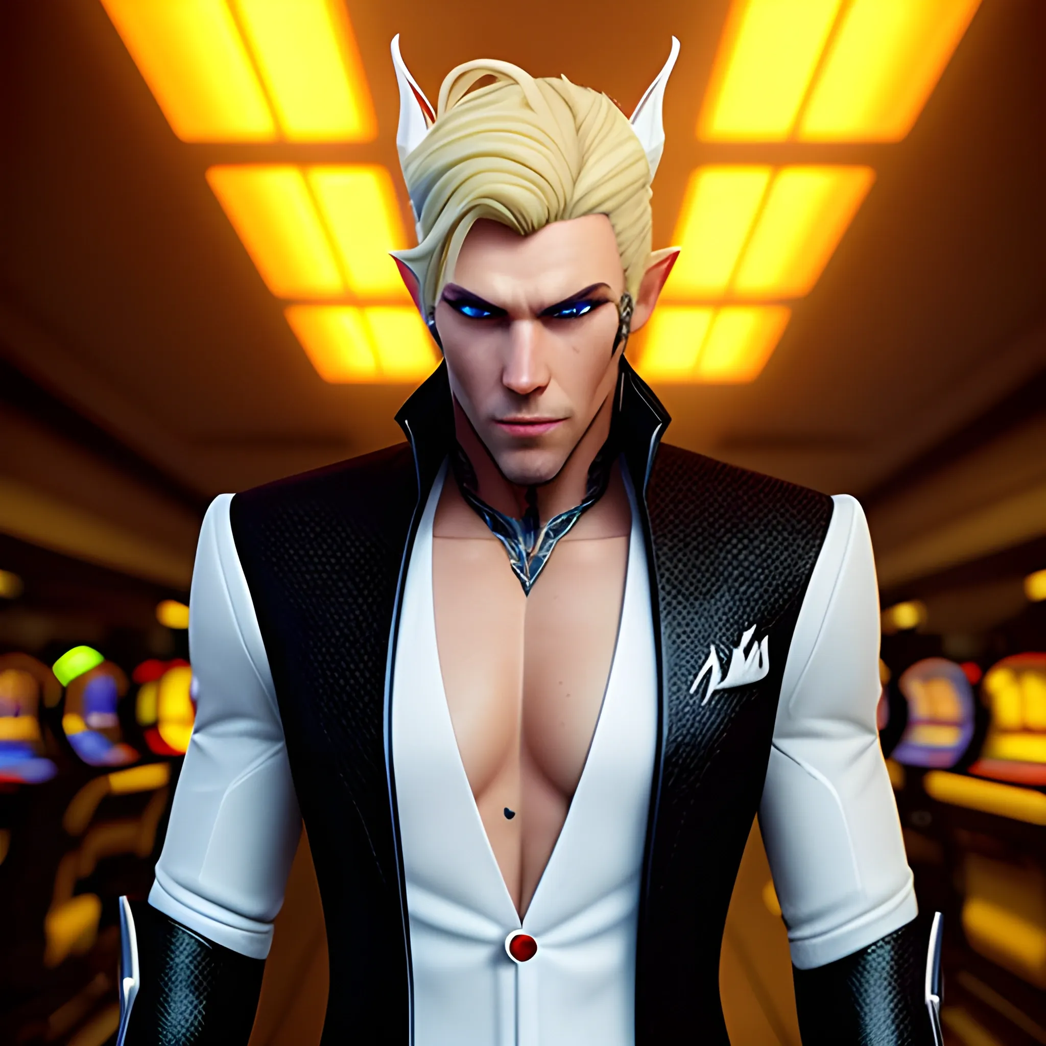 , 3D, Fantasy, cyberpunk, 18 year old, White, elf ears, boy, fancy suit, black beanie, casino, horns, blonde hair
