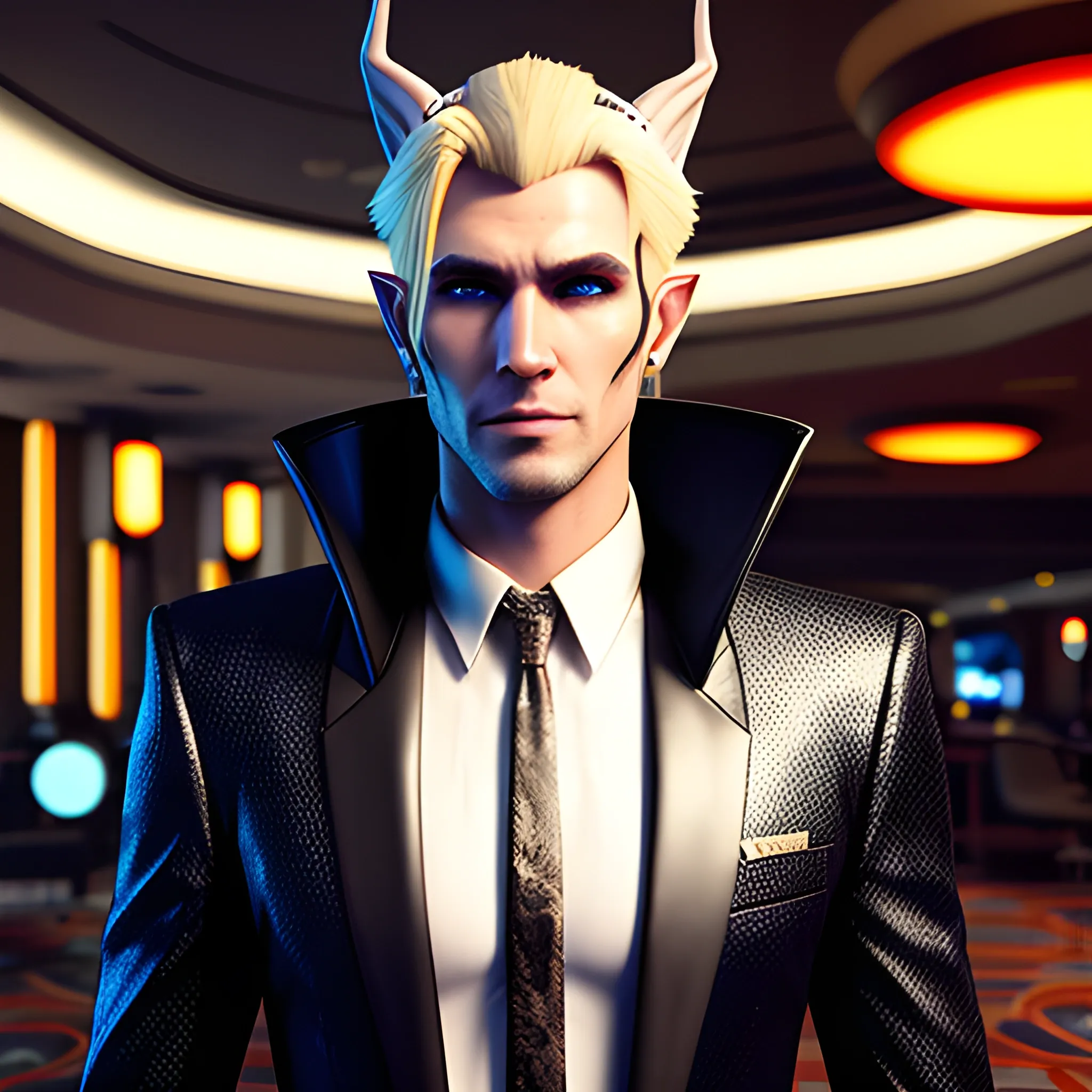 , 3D, Fantasy, cyberpunk, 18 year old, White, elf ears, boy, blonde hair, fancy suit, black beanie, casino, horns
