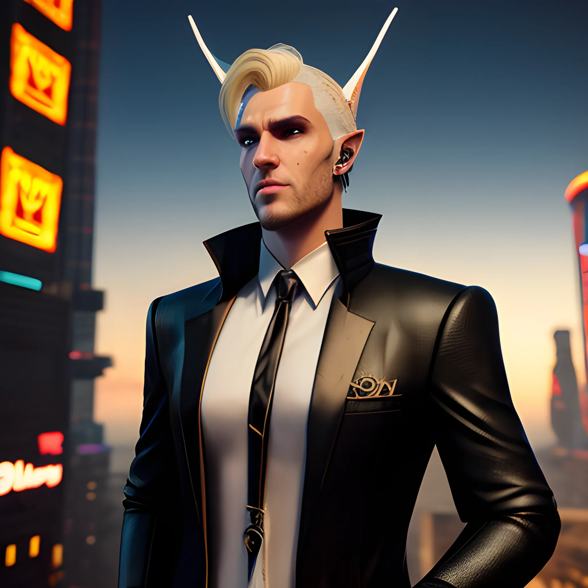 , 3D, Fantasy, cyberpunk, 18 year old, White, elf ears, boy, blonde hair, fancy suit, black beanie, casino, horns