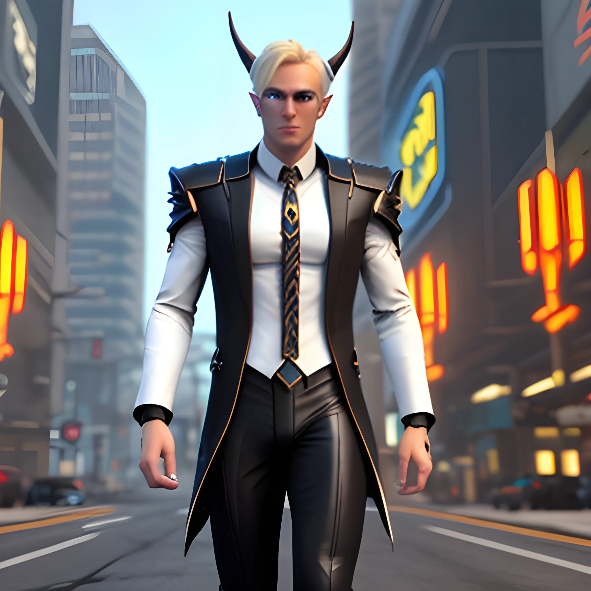 , 3D, Fantasy, cyberpunk, 18 year old, White, elf ears, boy, blonde hair, fancy suit, black beanie, casino, horns