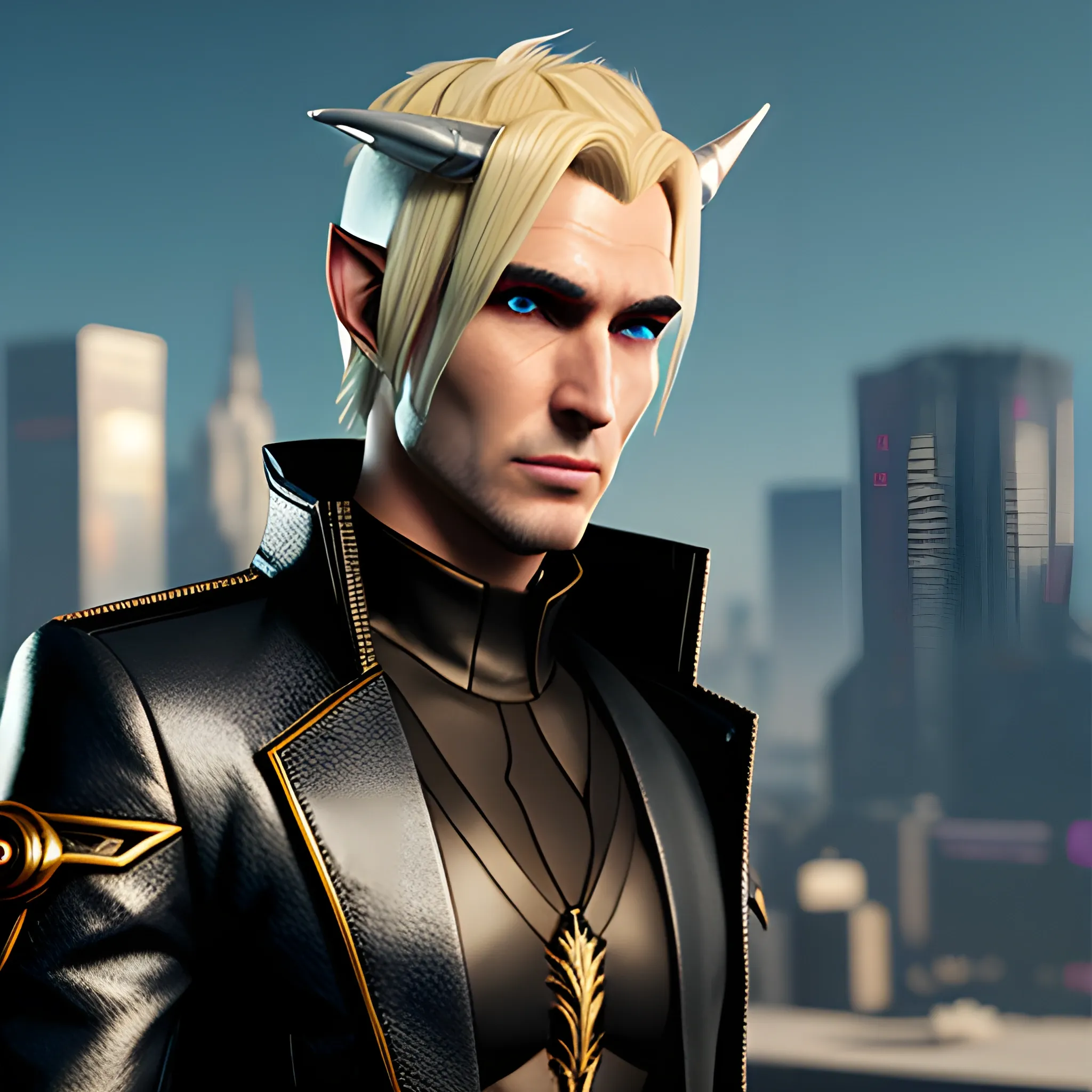 , 3D, Fantasy, cyberpunk, 18 year old, White, elf ears, boy, blonde hair, fancy suit, black beanie, casino, horns