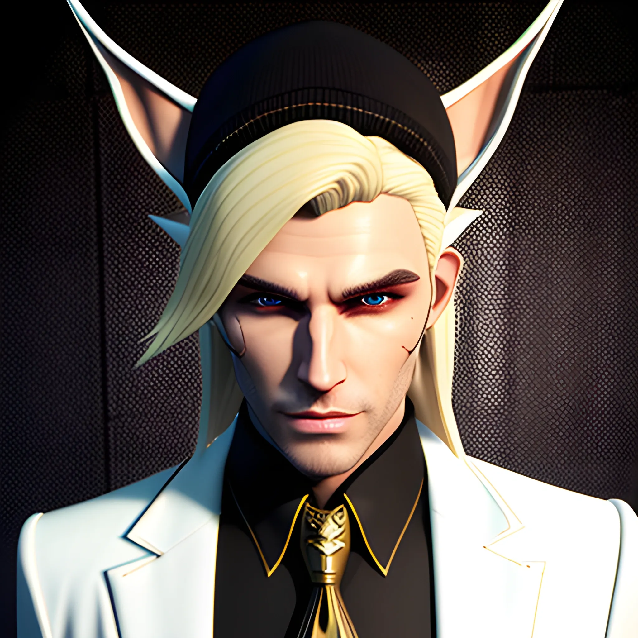 , 3D, Fantasy, cyberpunk, 18 year old, White, elf ears, boy, blonde hair, fancy suit, , casino, horns, black beanie