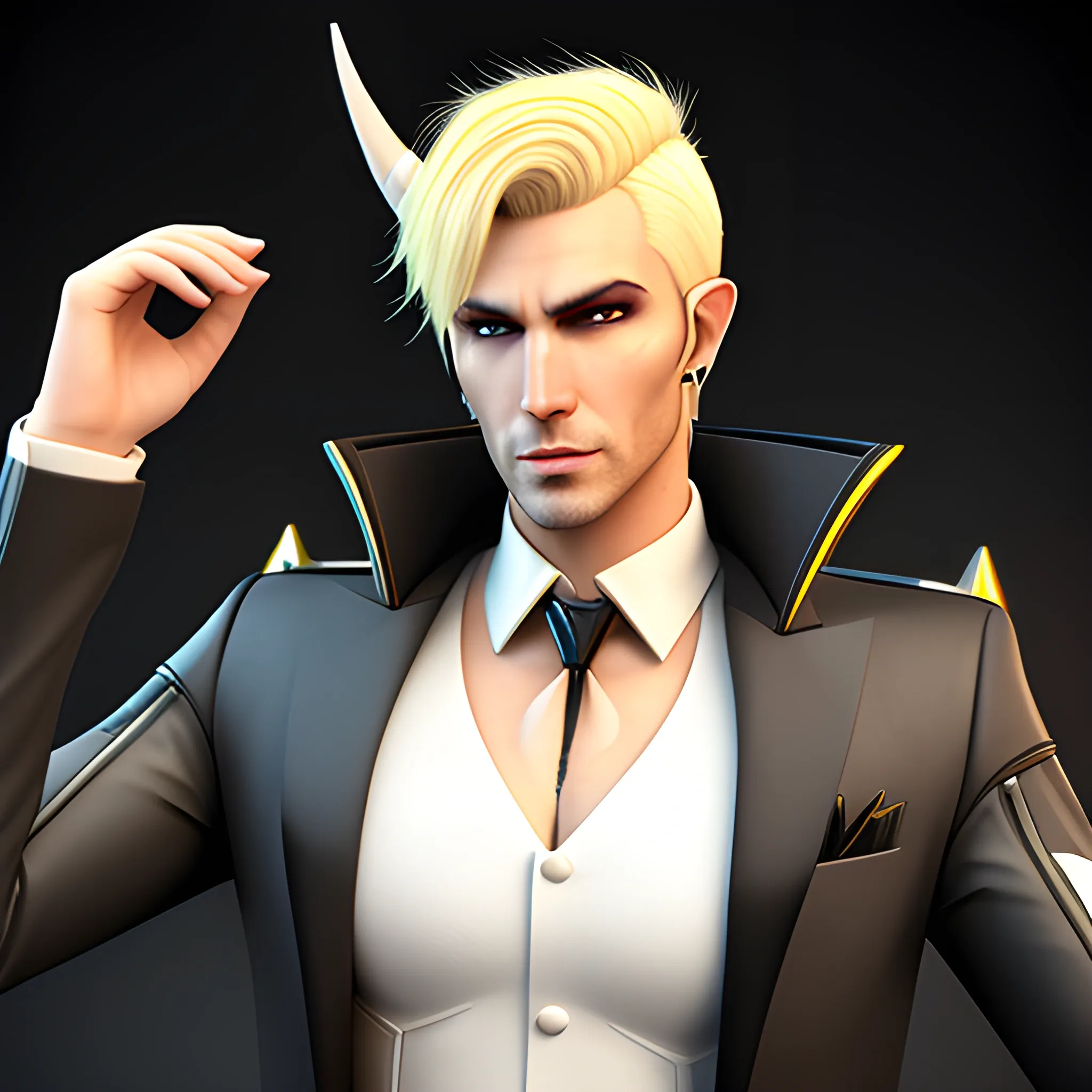 , 3D, Fantasy, cyberpunk, 18 year old, White, elf ears, boy, blonde hair, fancy suit, , casino, horns, black beanie