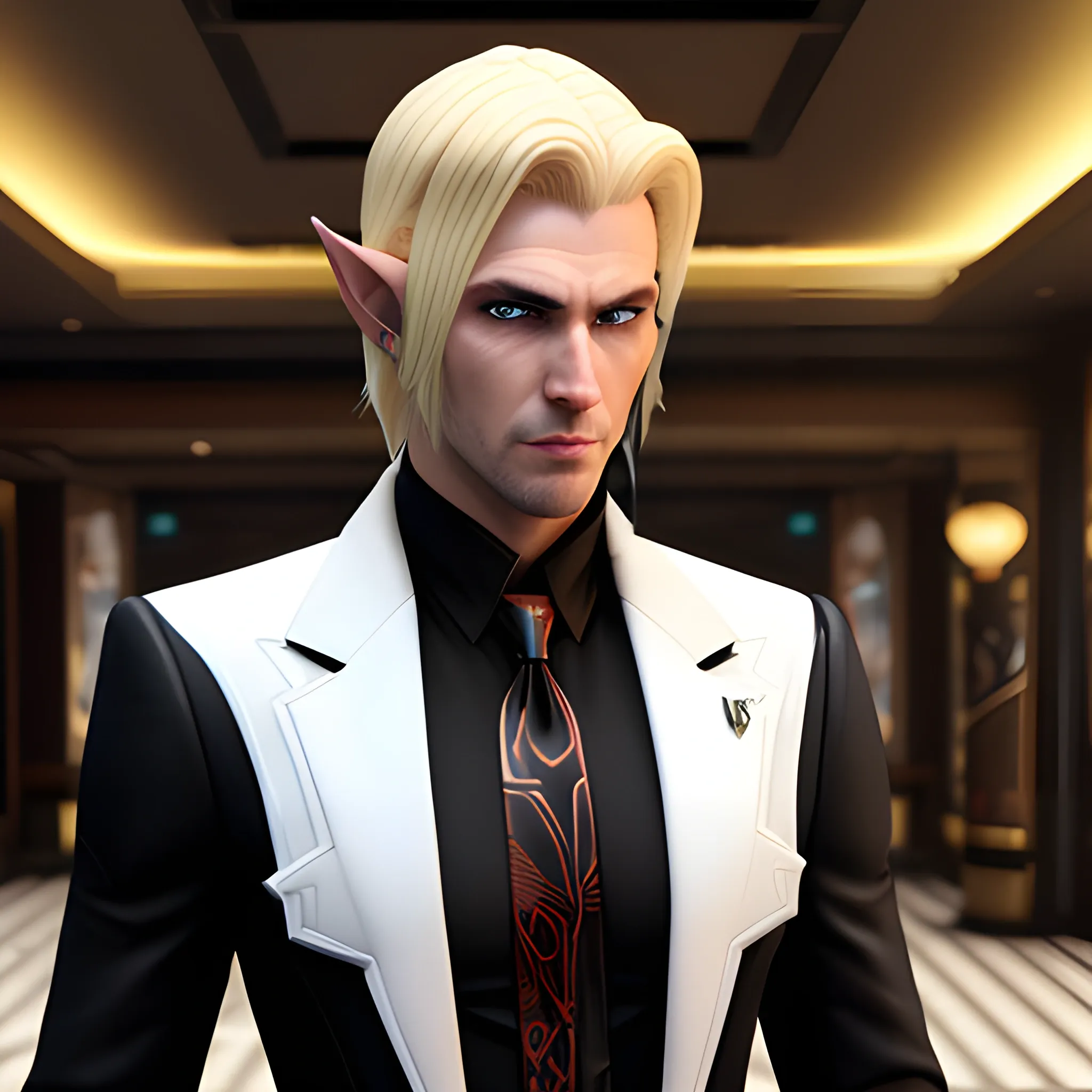 , 3D, Fantasy, cyberpunk, 18 year old, White, elf ears, boy, blonde hair, fancy suit, , casino, horns, black beanie