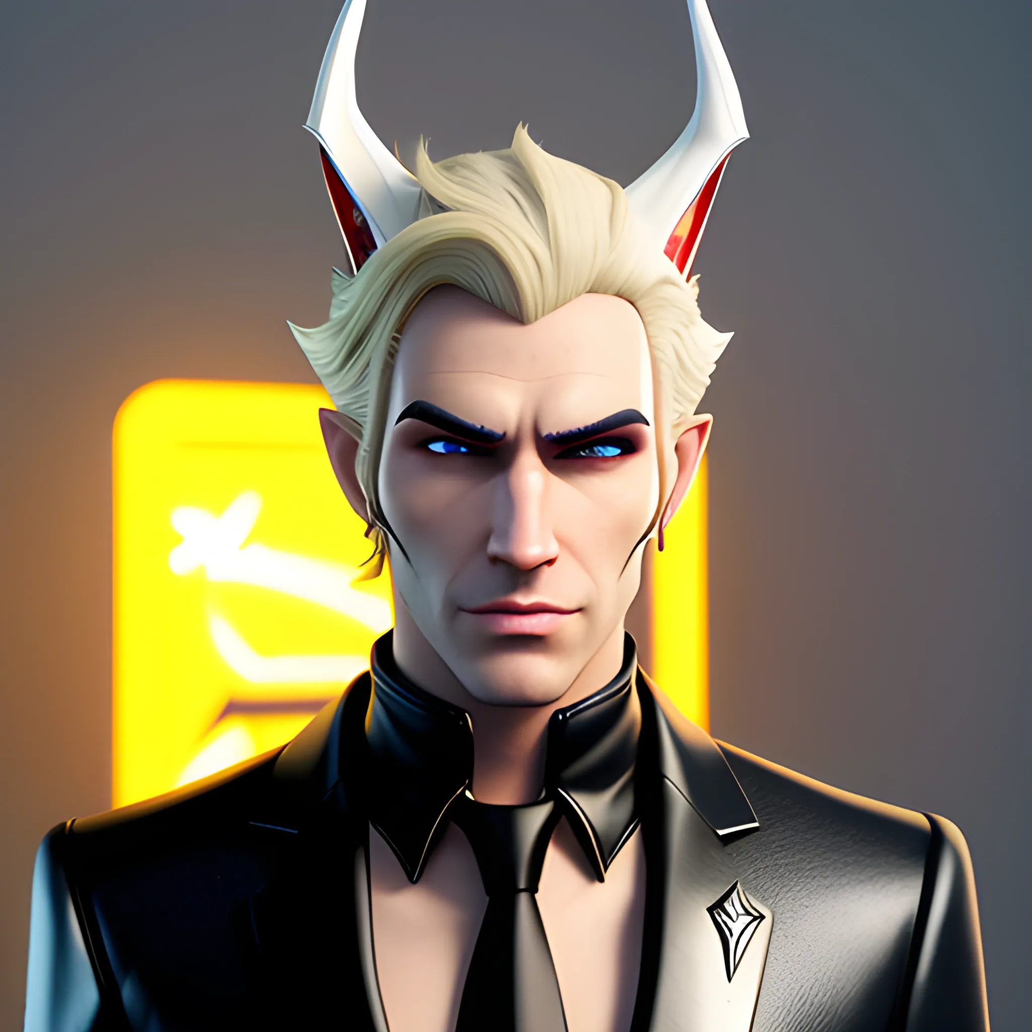 , 3D, Fantasy, cyberpunk, 18 year old, White, elf ears, boy, blonde hair, fancy suit, , casino, horns, black beanie