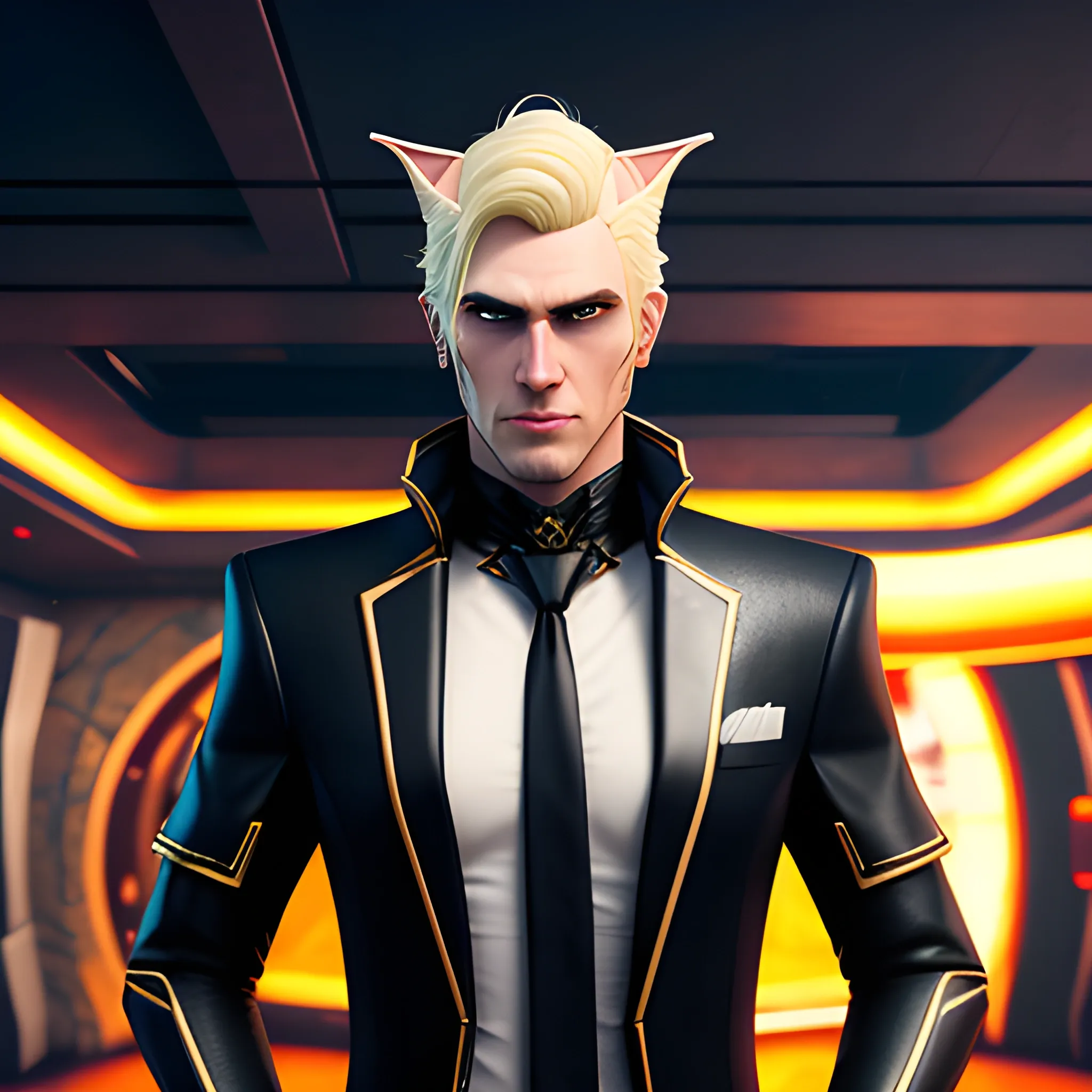 , 3D, Fantasy, cyberpunk, 18 year old, White, elf ears, boy, blonde hair, fancy suit, , casino, horns, black beanie