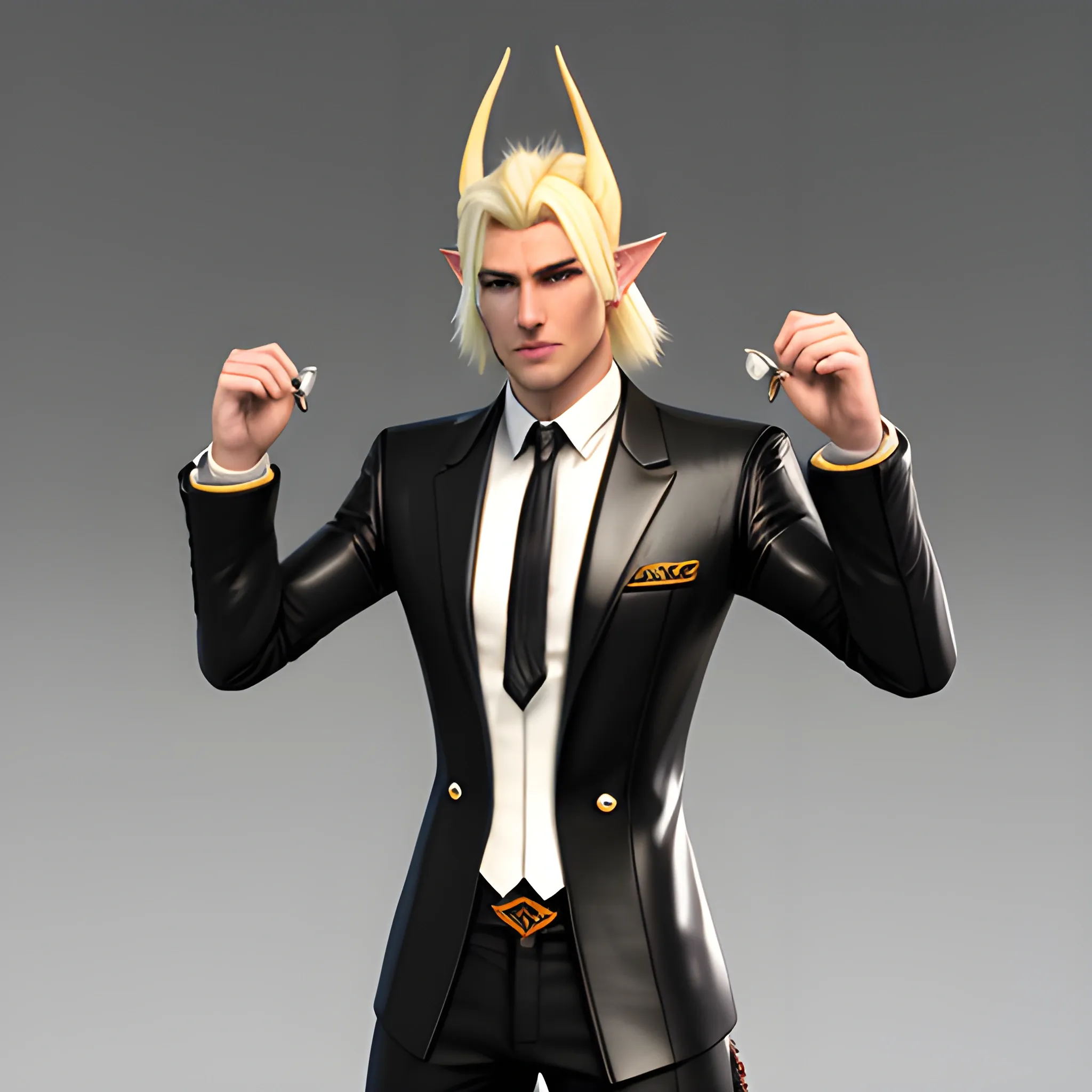 , 3D, Fantasy, cyberpunk, 18 year old, White, elf ears, boy, blonde hair, fancy suit, , casino, horns, black beanie