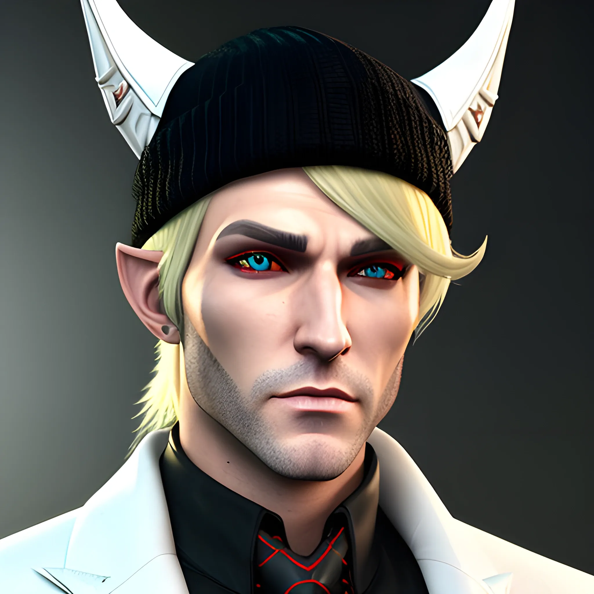 , 3D, Fantasy, cyberpunk, 18 year old, White, elf ears, boy, blonde hair, fancy suit, , casino, horns, black beanie